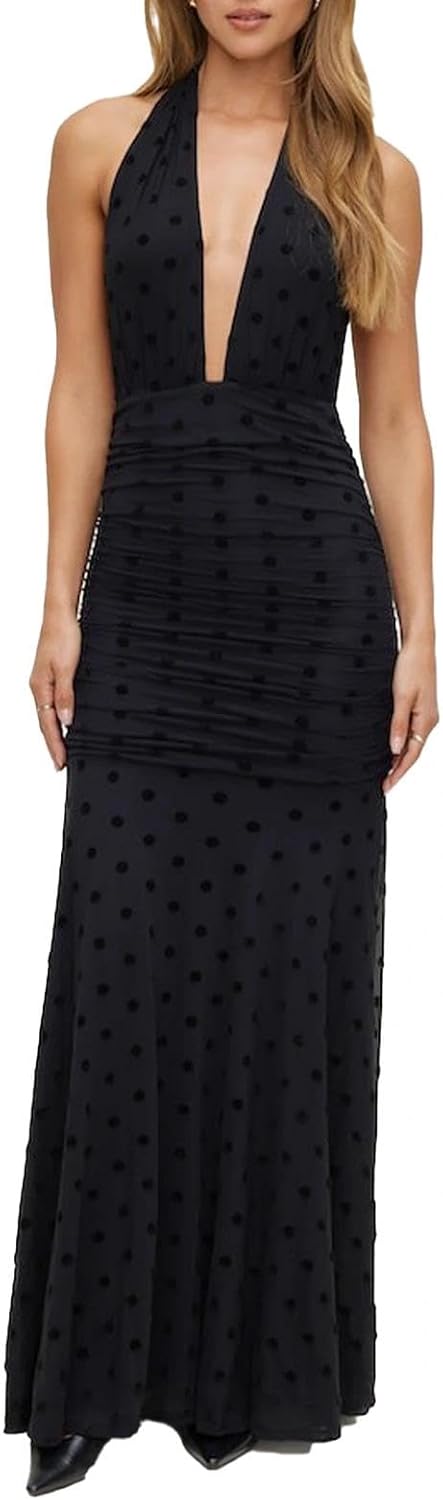 Women Polka Dot Mesh Maxi Dress Deep V Neck Halter Backless Dress Cocktail Wedding Guest