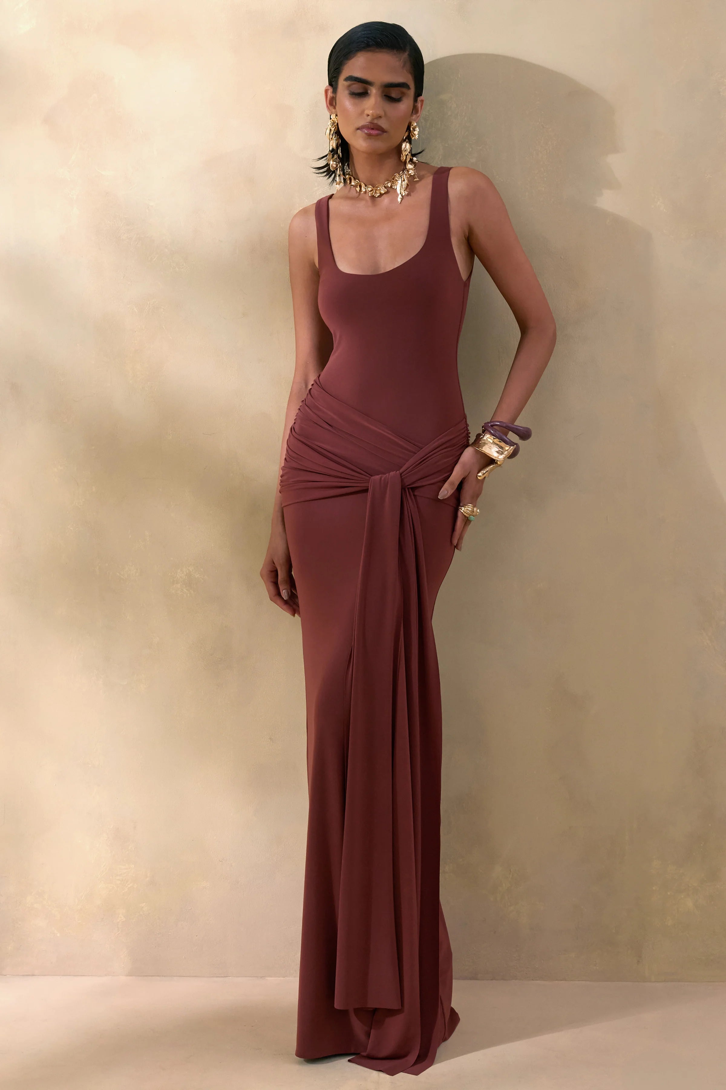 Lienna Brown Scoop Neck Maxi Dress With Gathered Detail And Sash