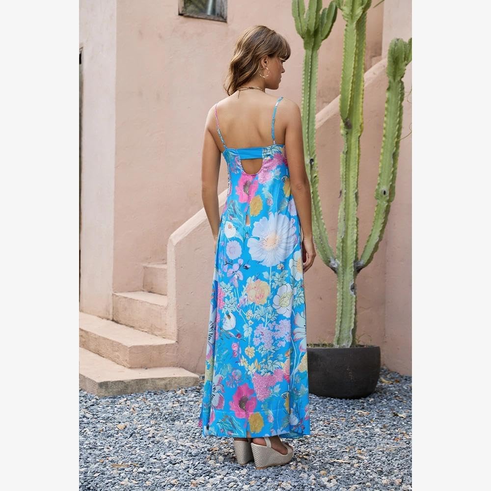 Women Boho Floral Maxi Dress Backless Spaghetti Strap A Line Flowy Summer Vacation Long Dress