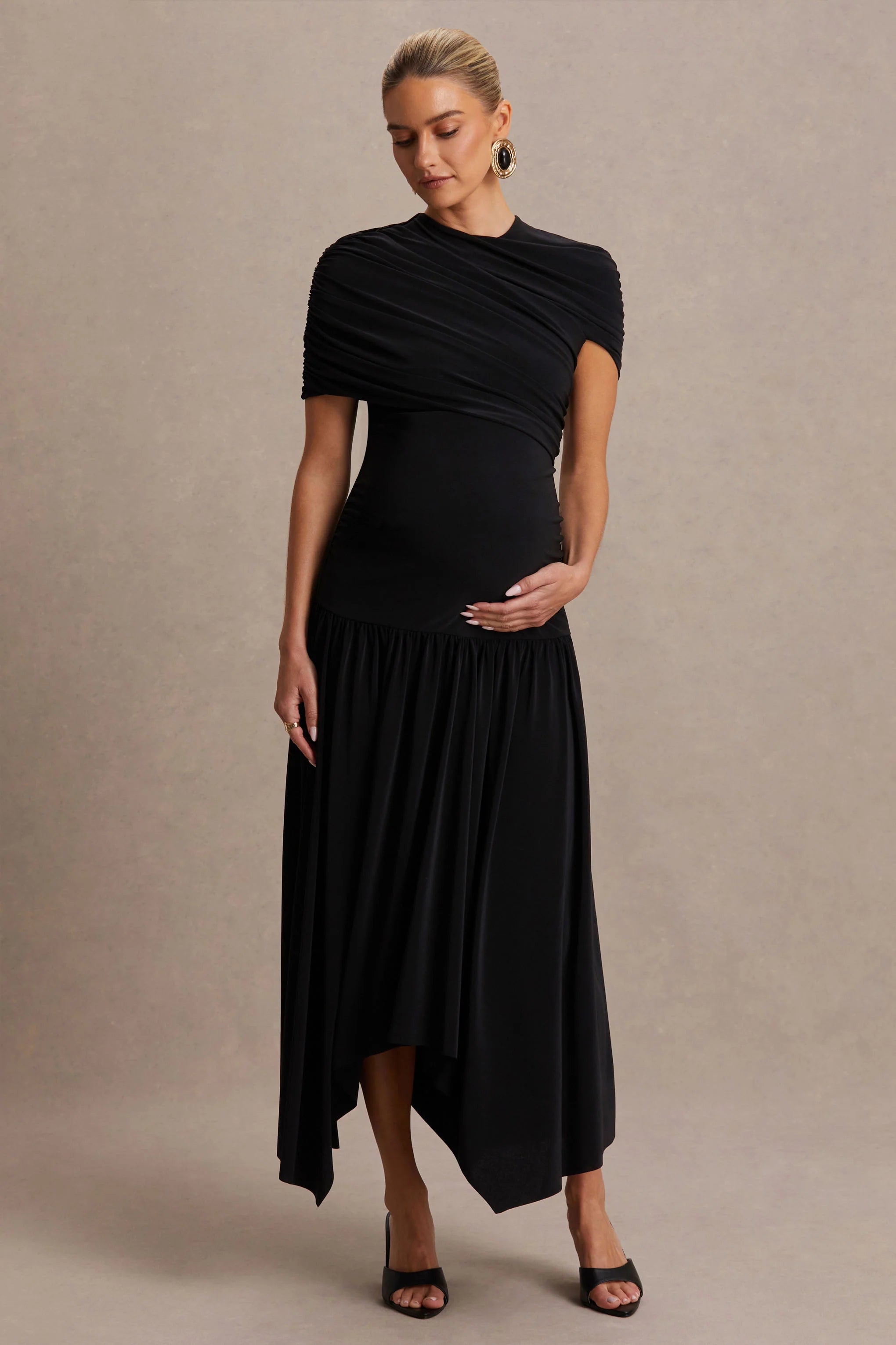 Eleni Black Crew Neck Maternity Maxi Dress With Cape Sleeves And Drop Waist