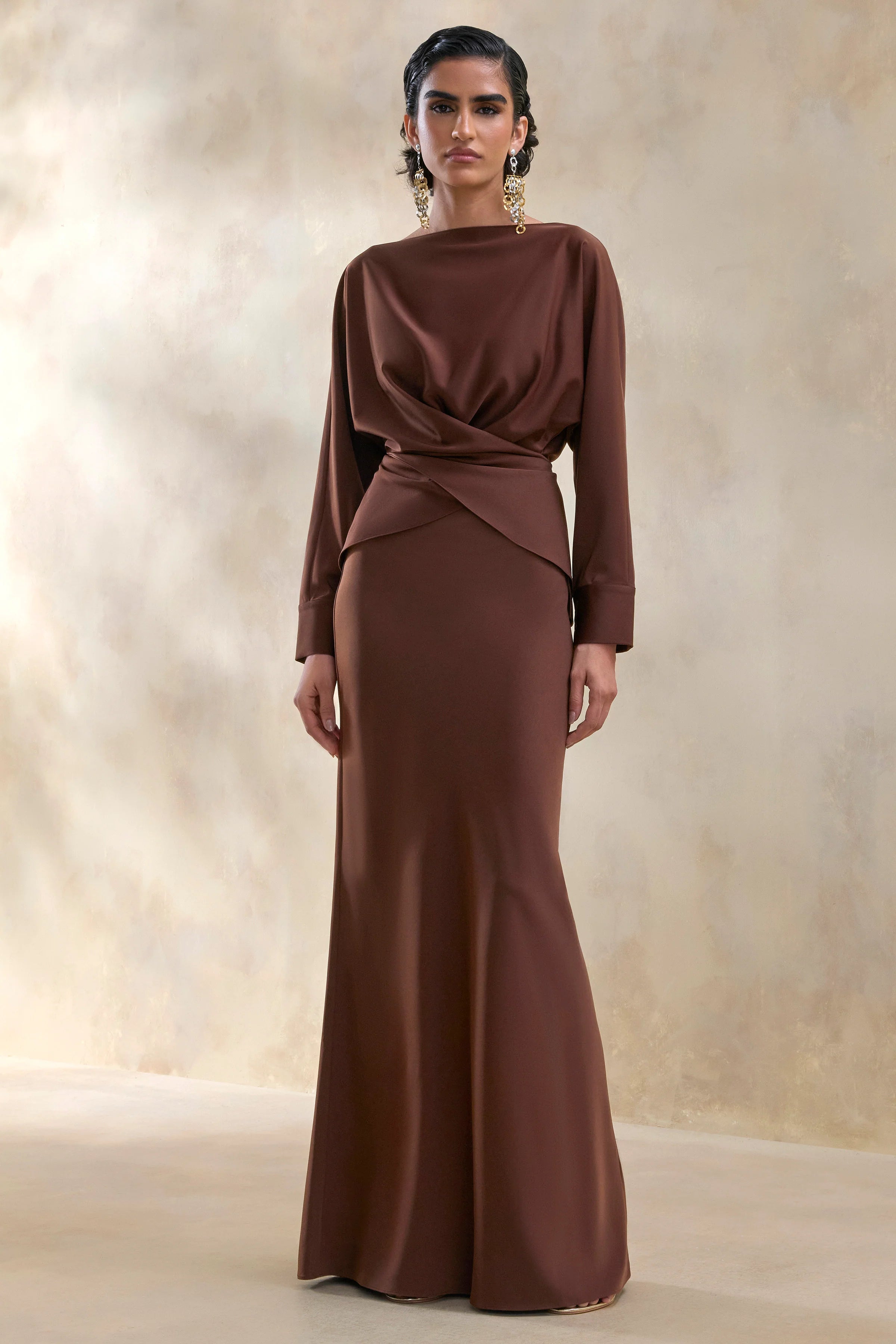 Elaria Brown Satin Maxi Skirt
