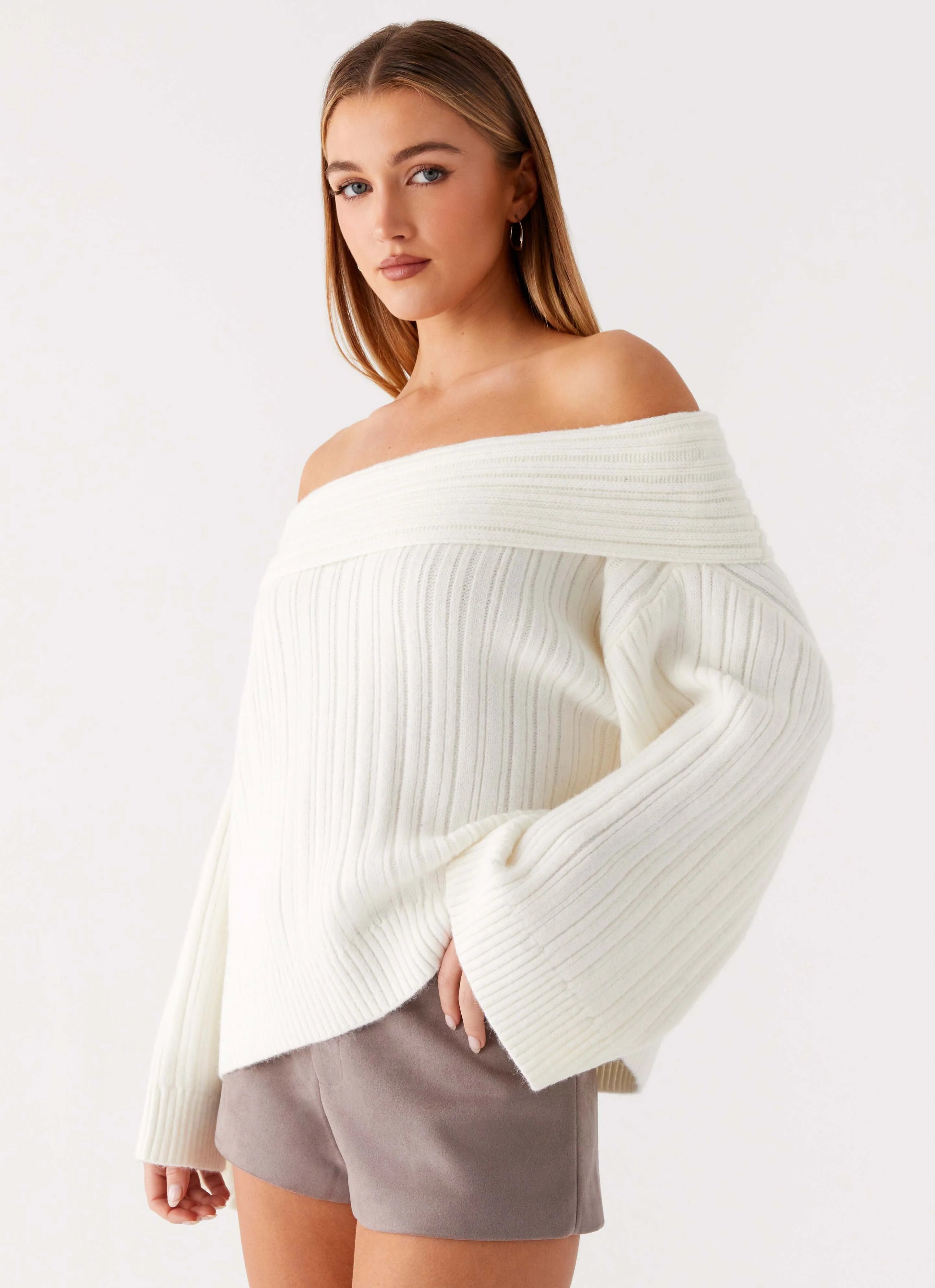 Federica Off Shoulder Knit White