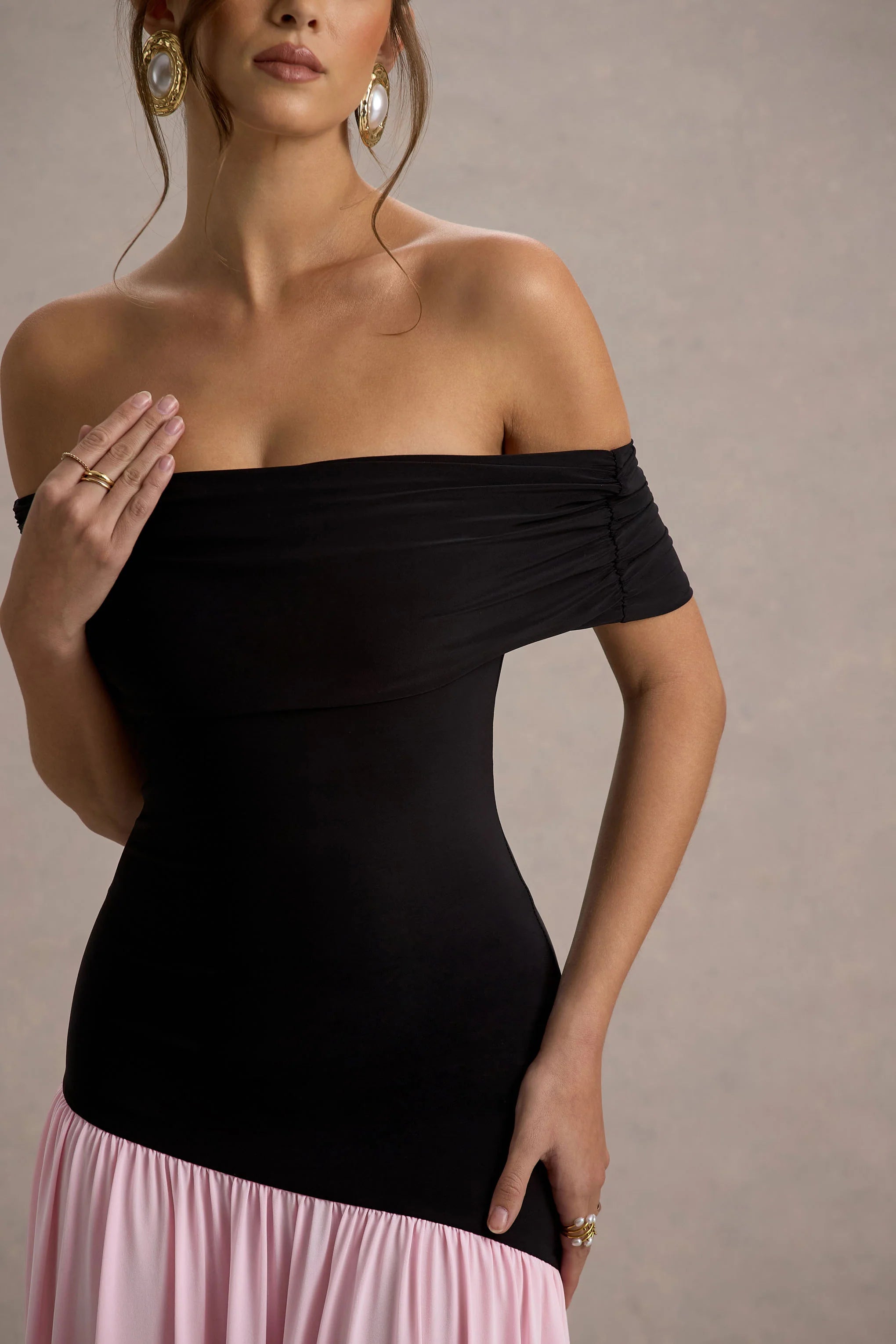 Venezia Black Pink Bardot Maxi Dress With Drop Waist