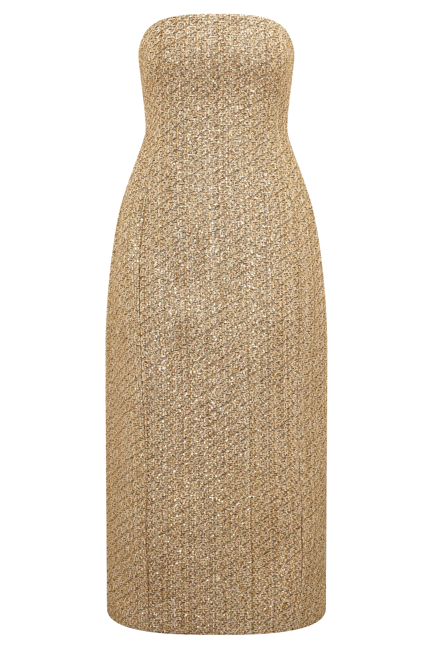 Gala Strapless Tweed Midi Dress Gold