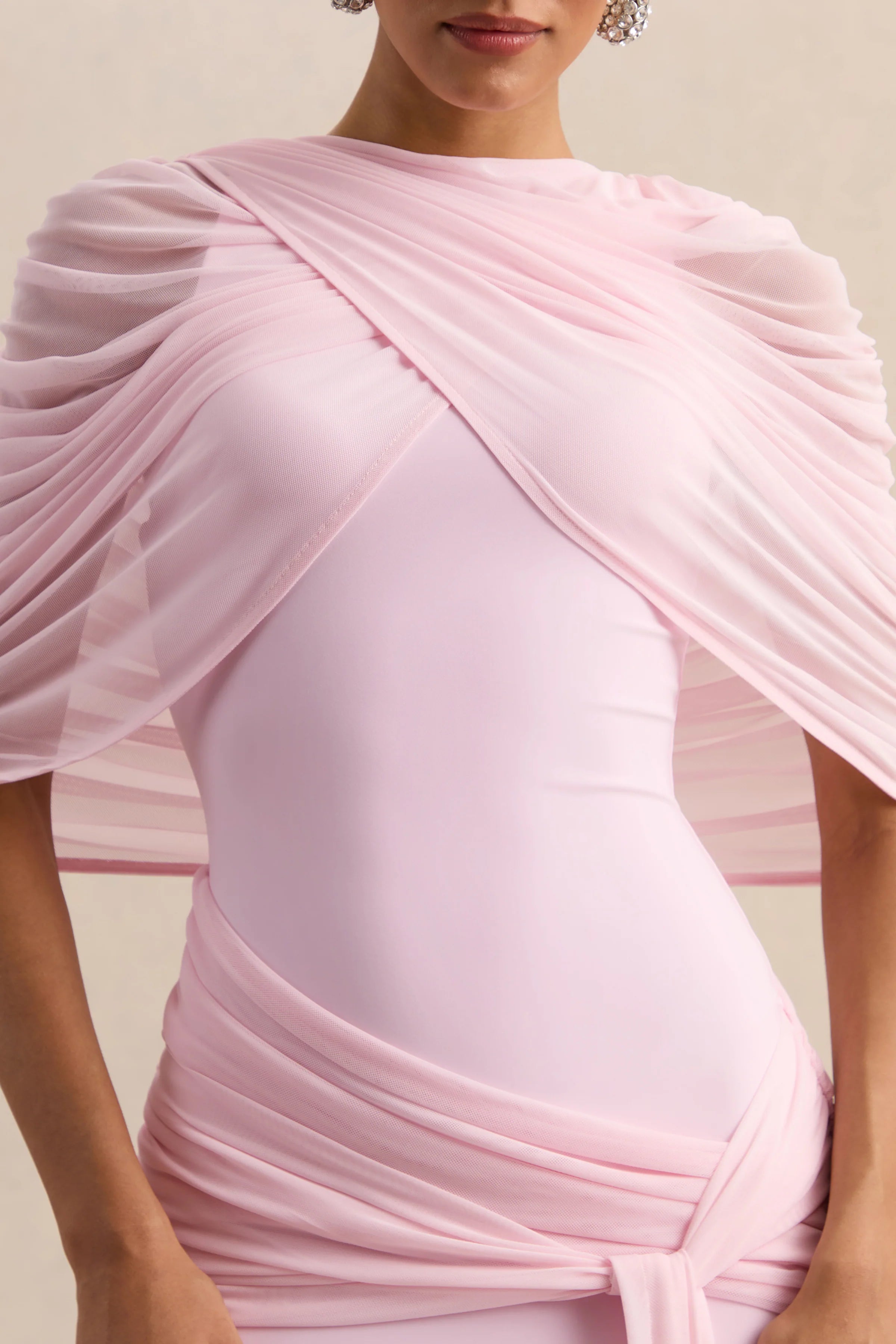 Mirene Light Pink Round Neck Maxi Dress With Gathered Detailing And Sash