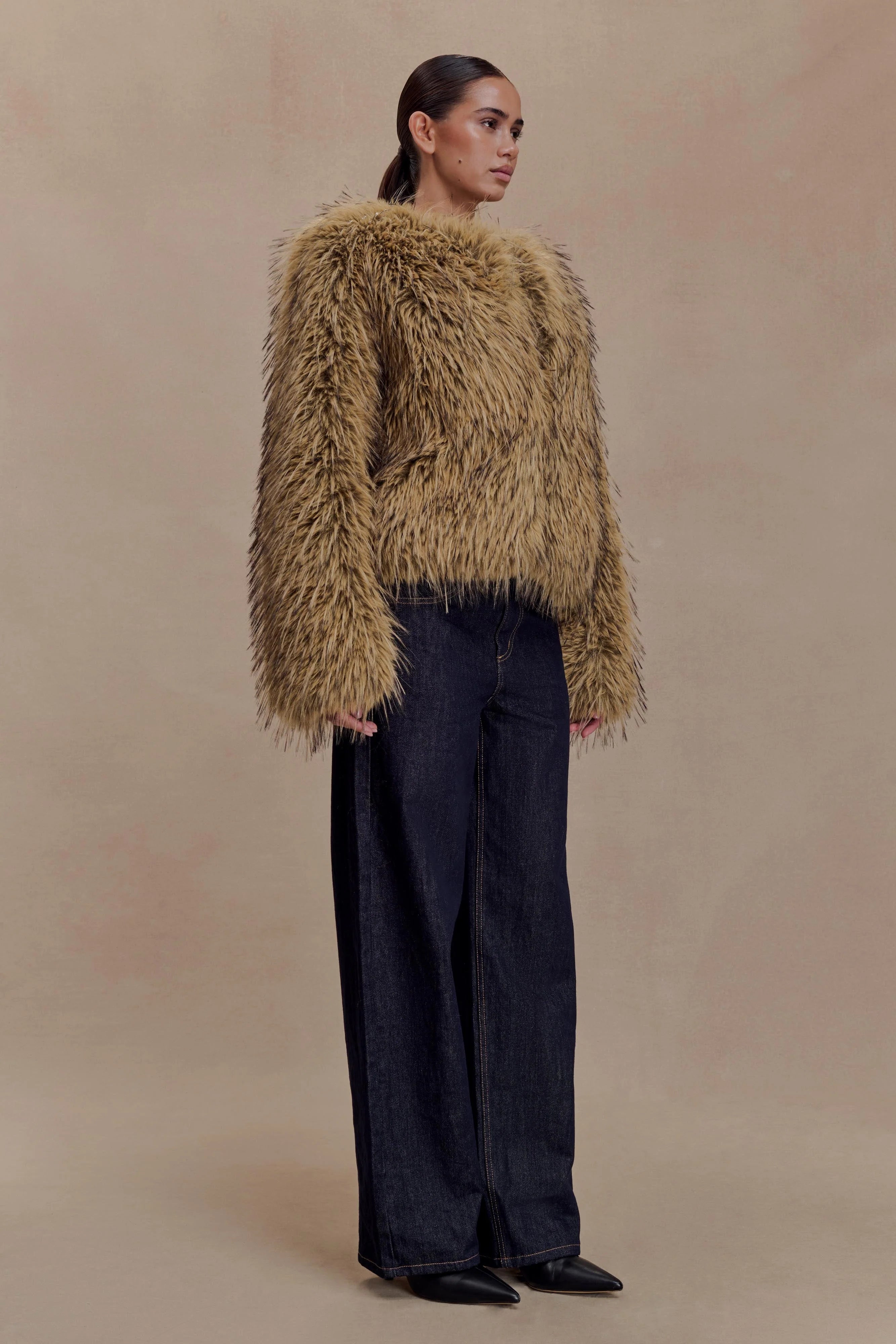 Ottie Mongolian Faux Fur Cropped Jacket Brown Multi