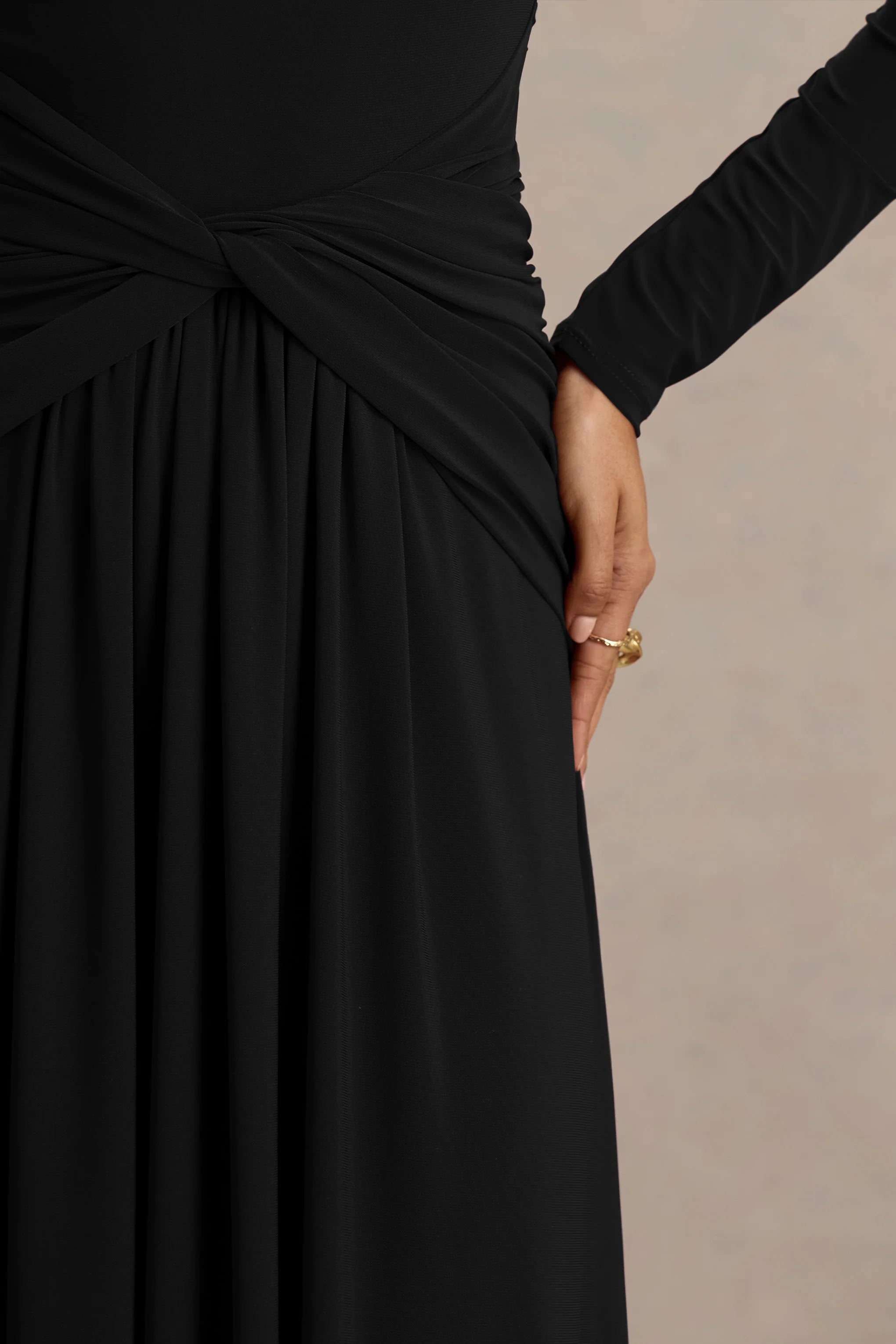 Estrella Black High Neck Maxi Dress With Ruched Detailing