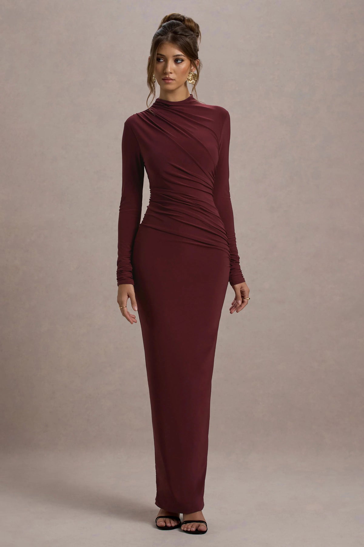 Hespera Port High Neck Long Sleeve Gathered Maxi Dress