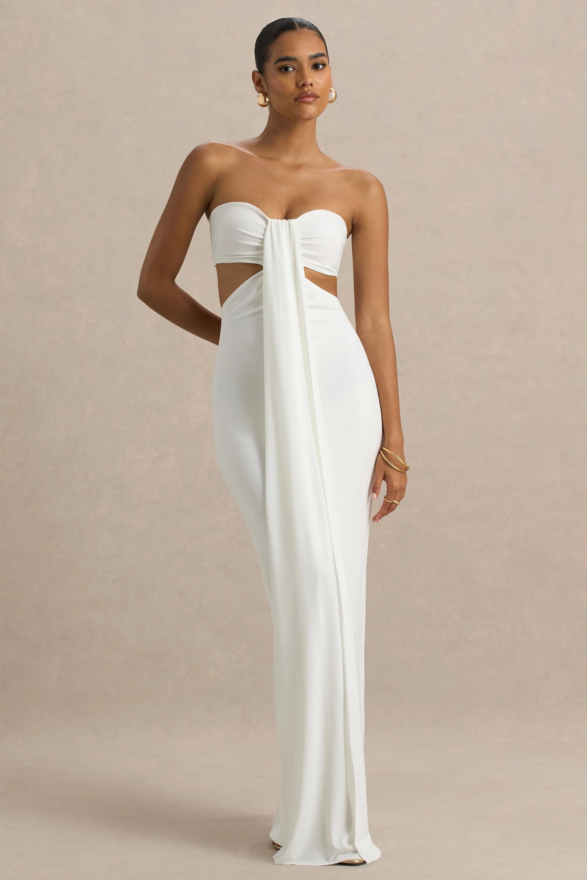 Elixir Cream Sweetheart Neck Maxi Dress with Cut Out Details
