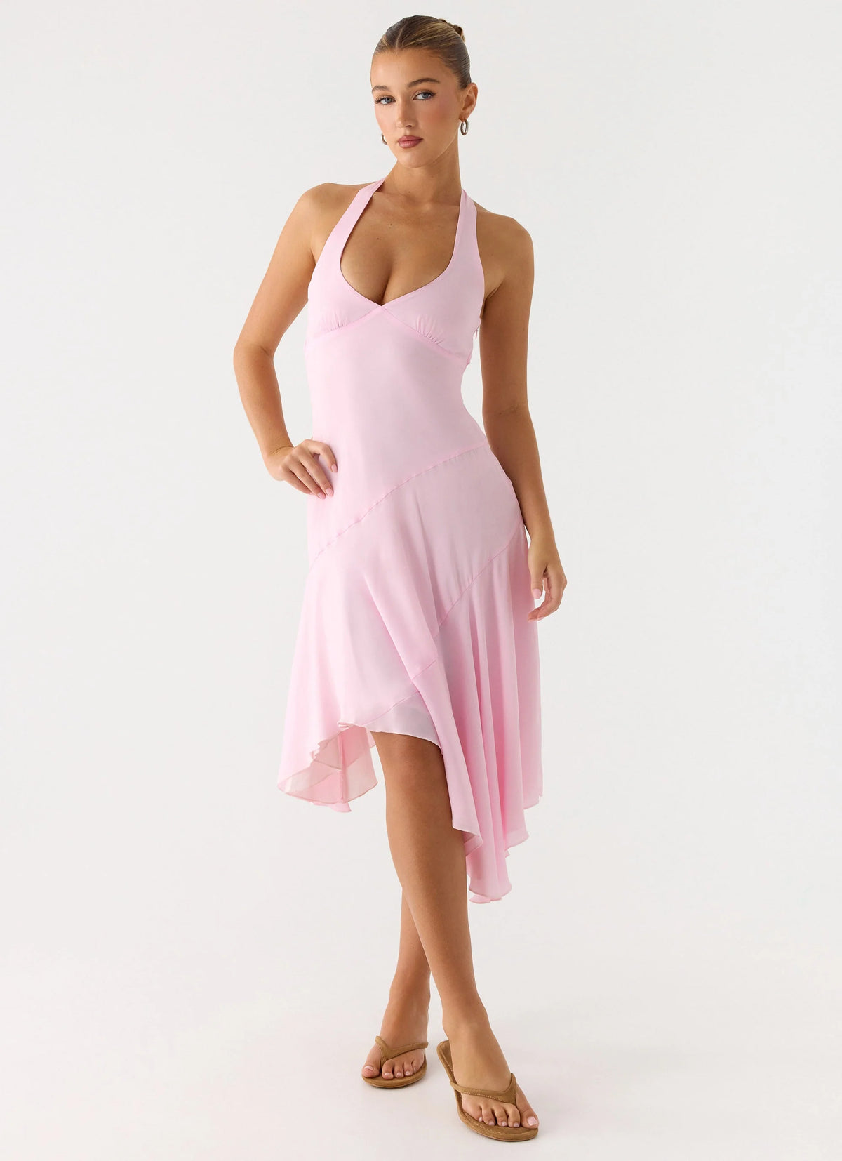 Faelie Halter Neck Asymmetrical Midi Dress Pink