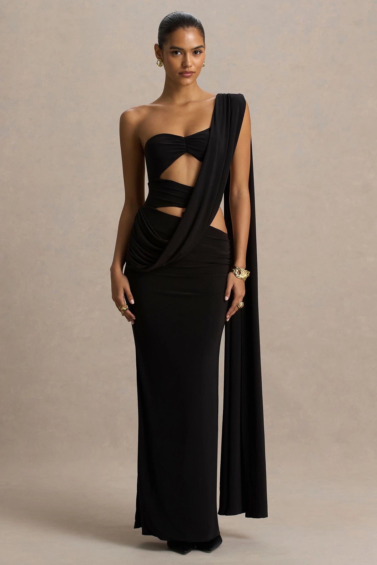 Nebula Black Bandeau Maxi Dress With Body Cut Out Details