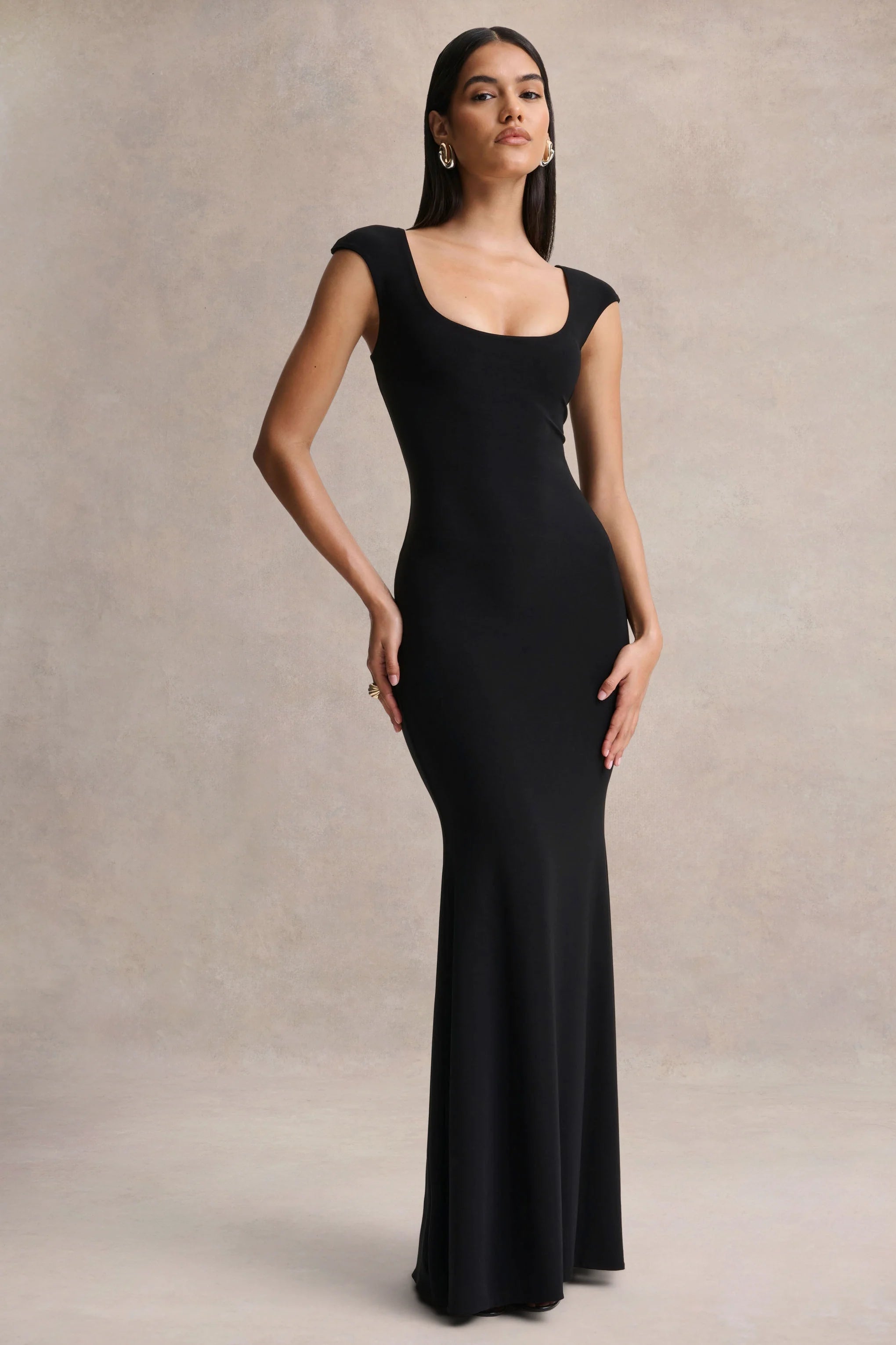 Piper Black Square Neck Maxi Dress With Cap Sleeves