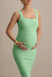Lisbon Light Green Maternity Square Neck Ruched Midi Dress