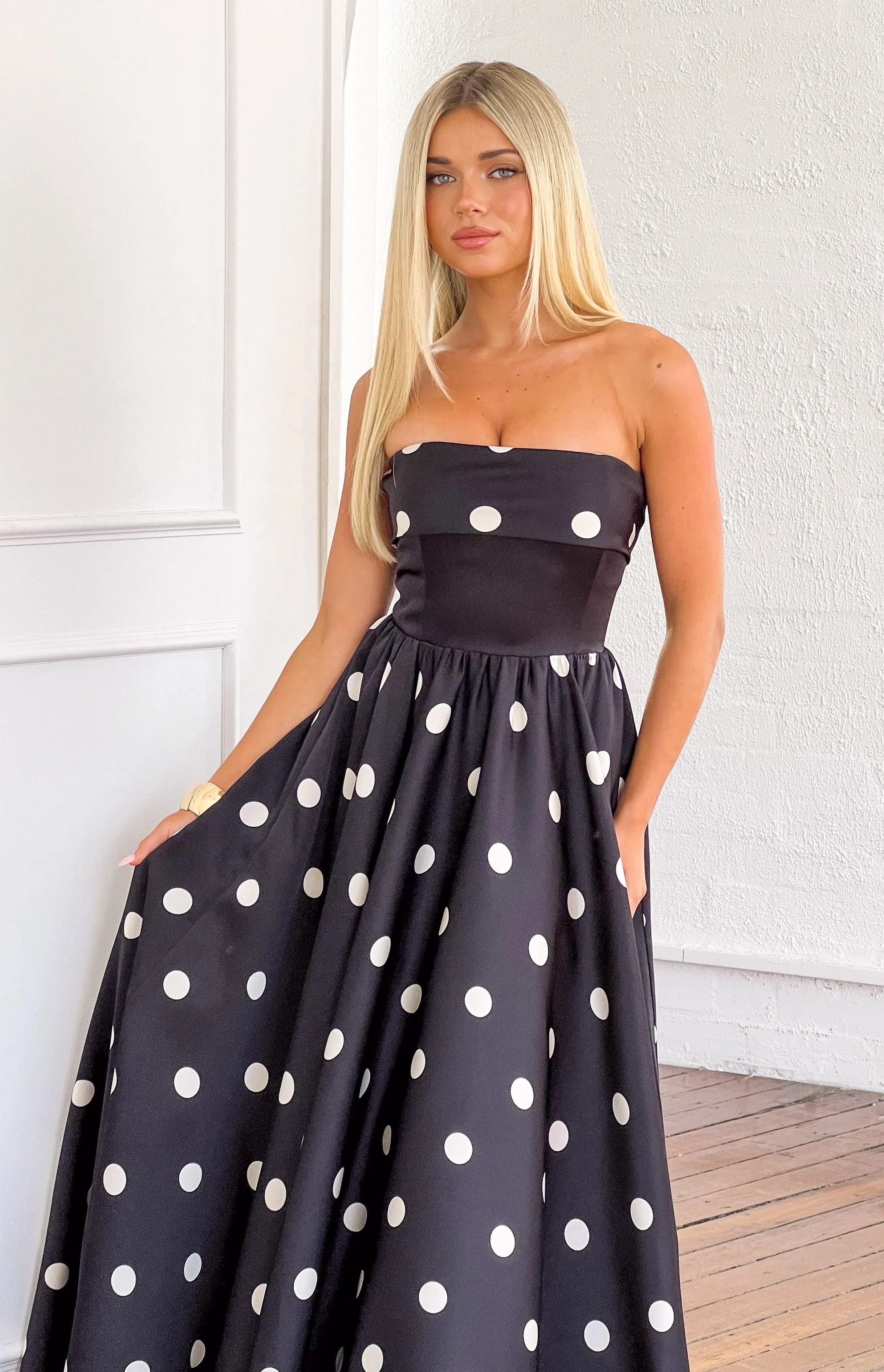 Julianne Strapless Polka Dot Satin Maxi Dress - PRE ORDER