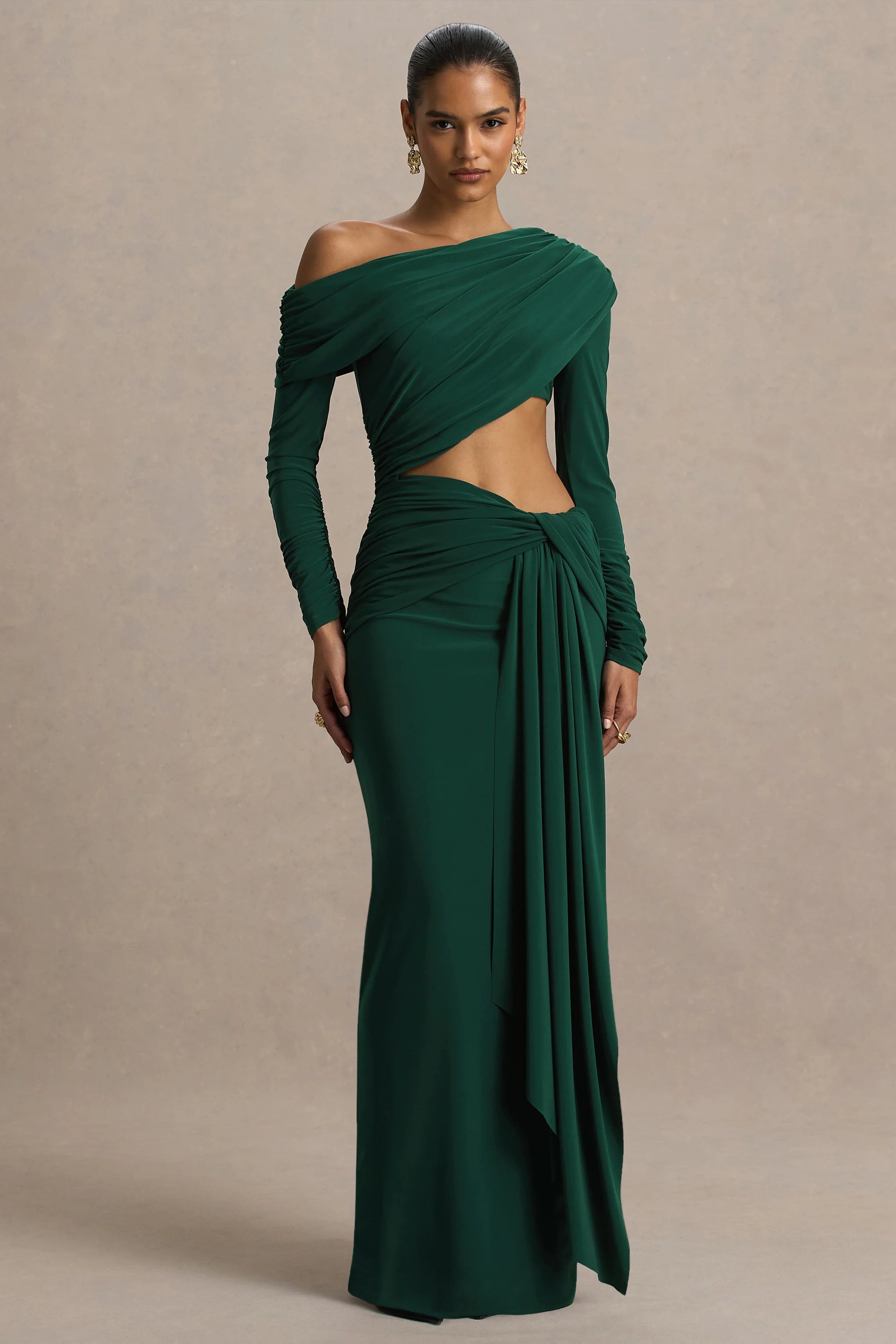 Mikayla Dark Green Asymmetric Neck Wrap Maxi Dress With Body Cut Out And Ruched Detailing