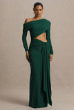 Mikayla Dark Green Asymmetric Neck Wrap Maxi Dress With Body Cut Out And Ruched Detailing