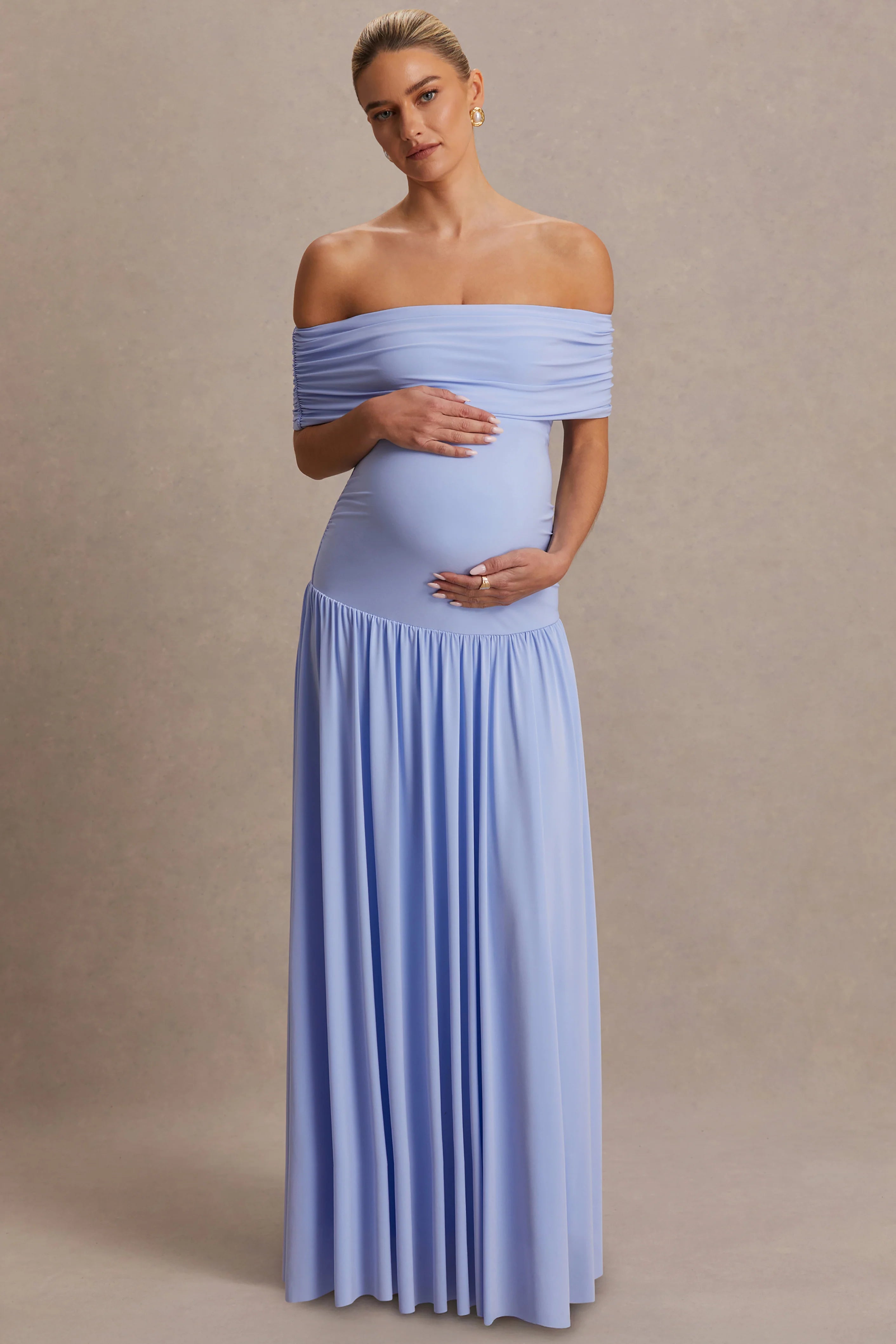 Juliette Powder Blue Bardot Neck Maternity Maxi Dress With Drop Waist