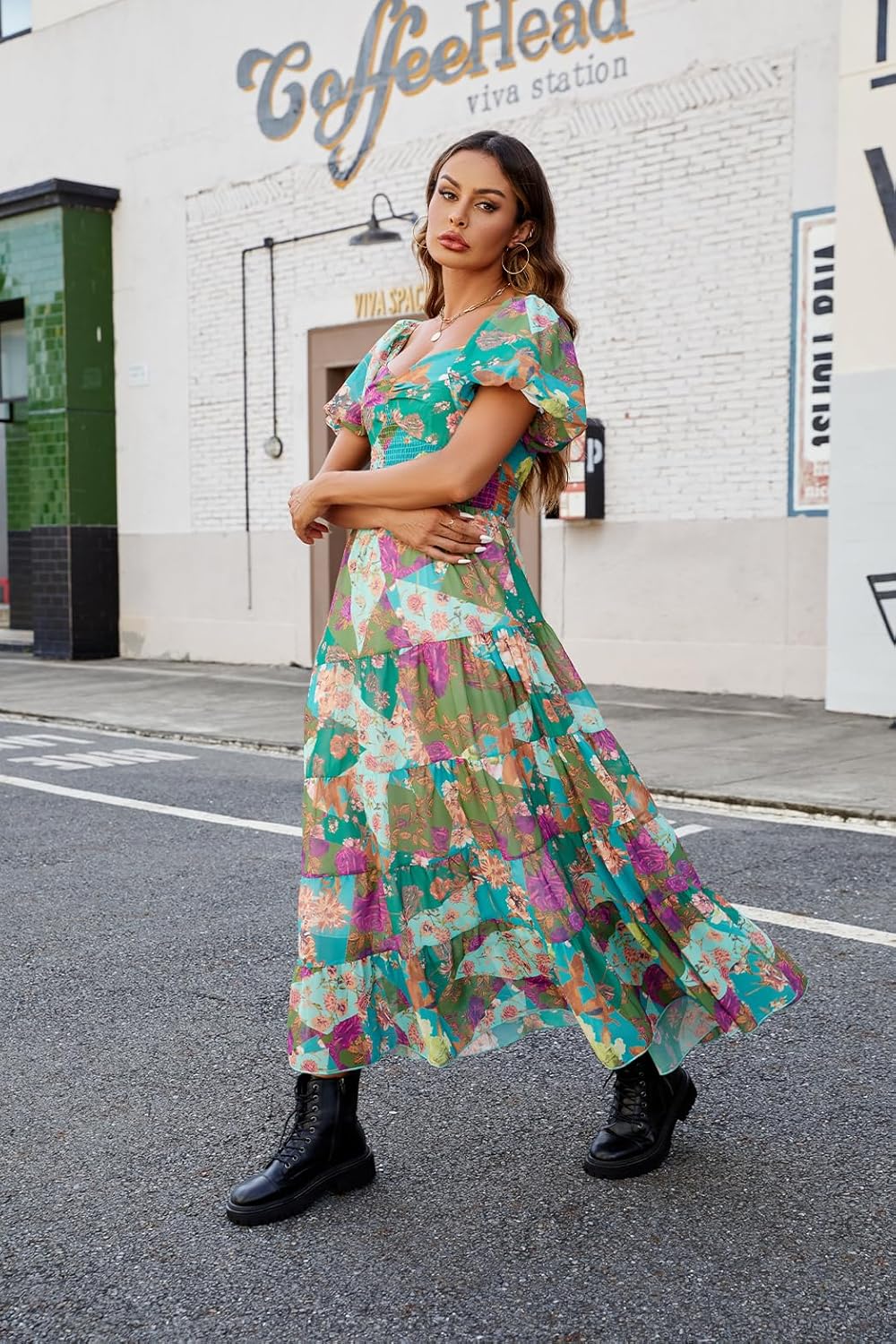 Women Floral Maxi Dress Short Puff Sleeve V Neck Bohemian Flowy Dress Smocked Casual Spring Summer Dresses