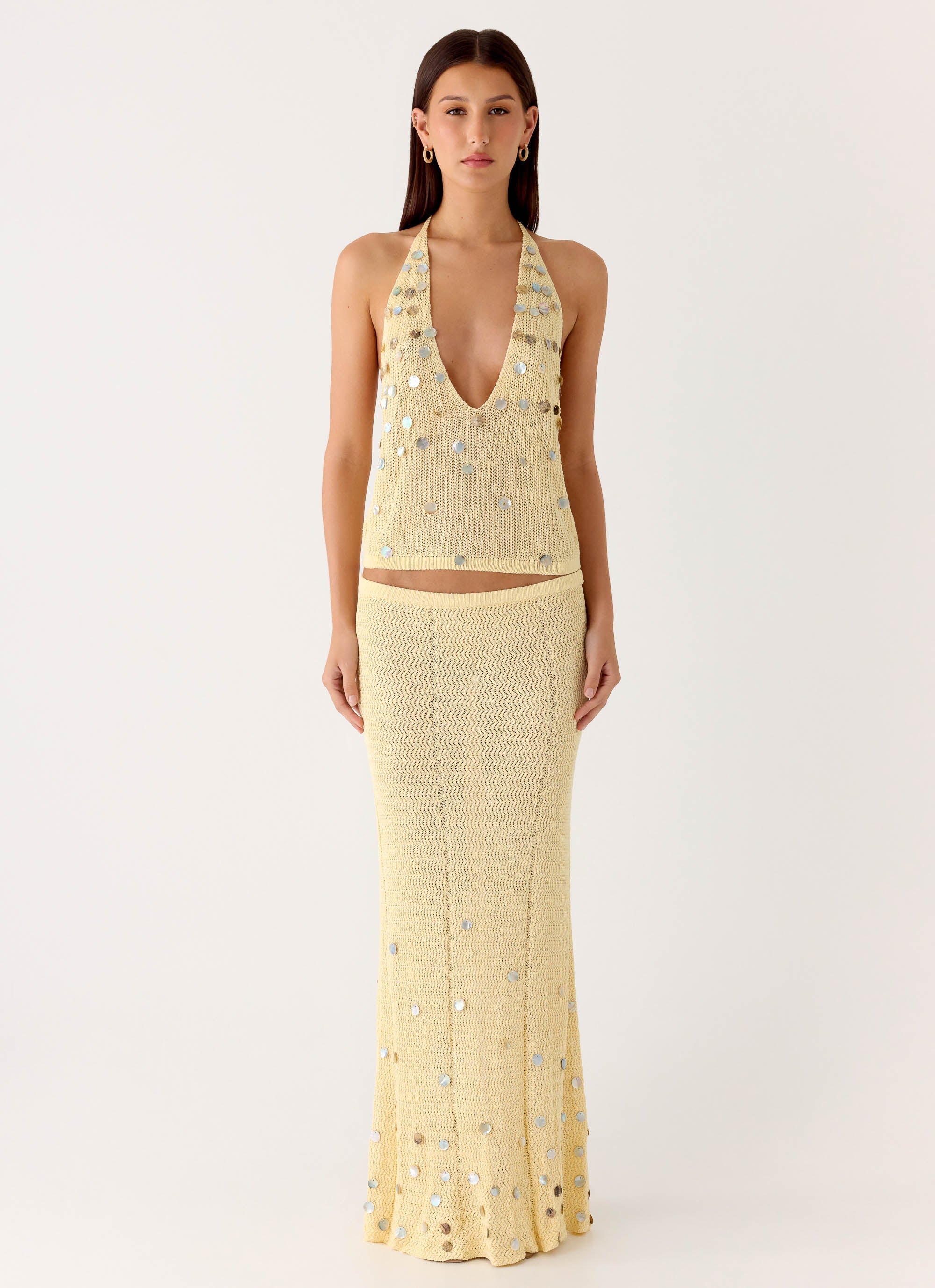 Adelaida Beaded Crochet Maxi Skirt Yellow