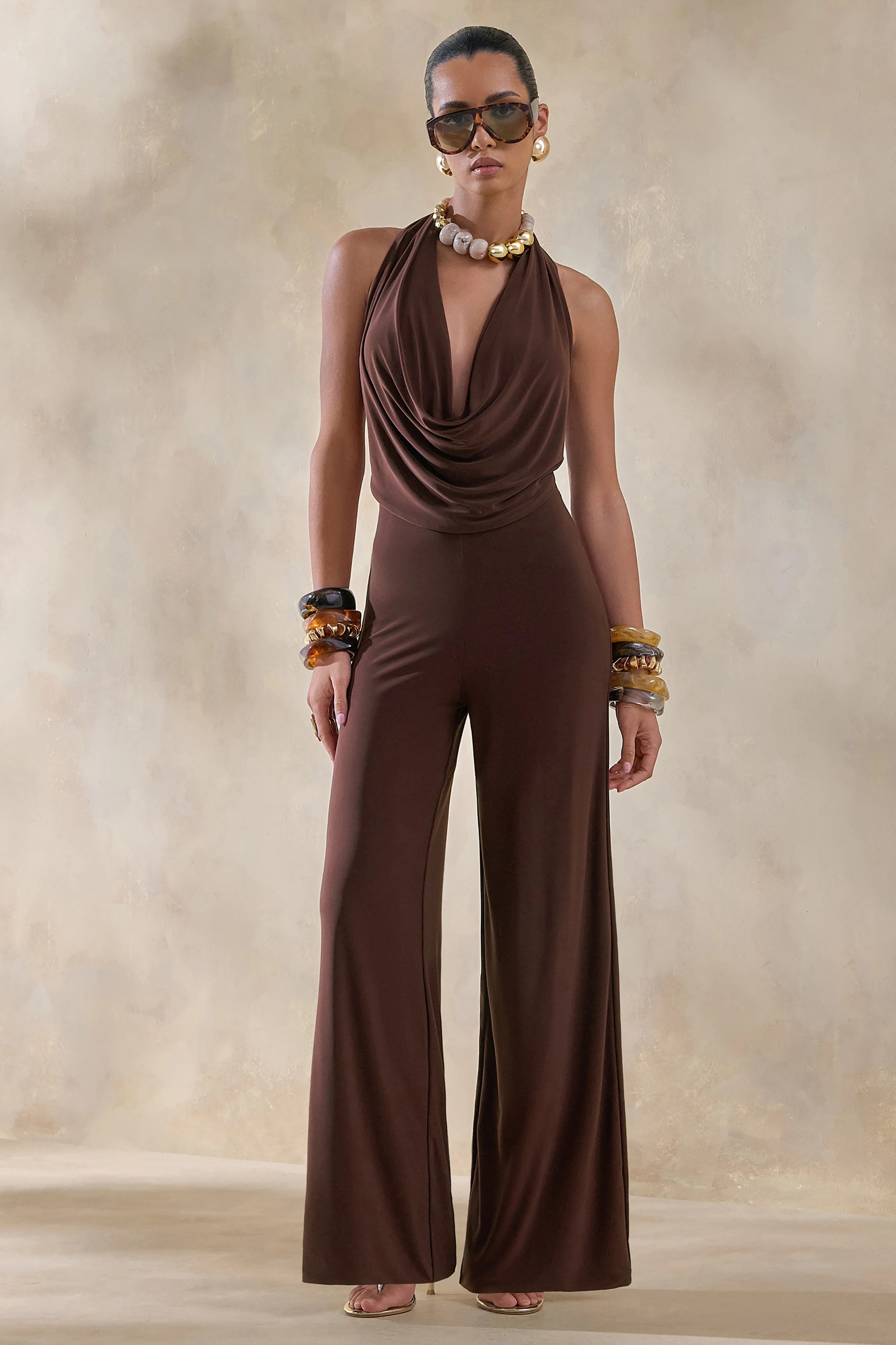 Clemence Brown Plunge Neck Jumpsuit