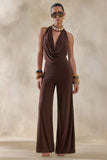 Clemence Brown Plunge Neck Jumpsuit