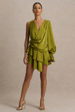 Cara Olive Satin Plunge Neck Micro Mini Dress With Long Sleeve