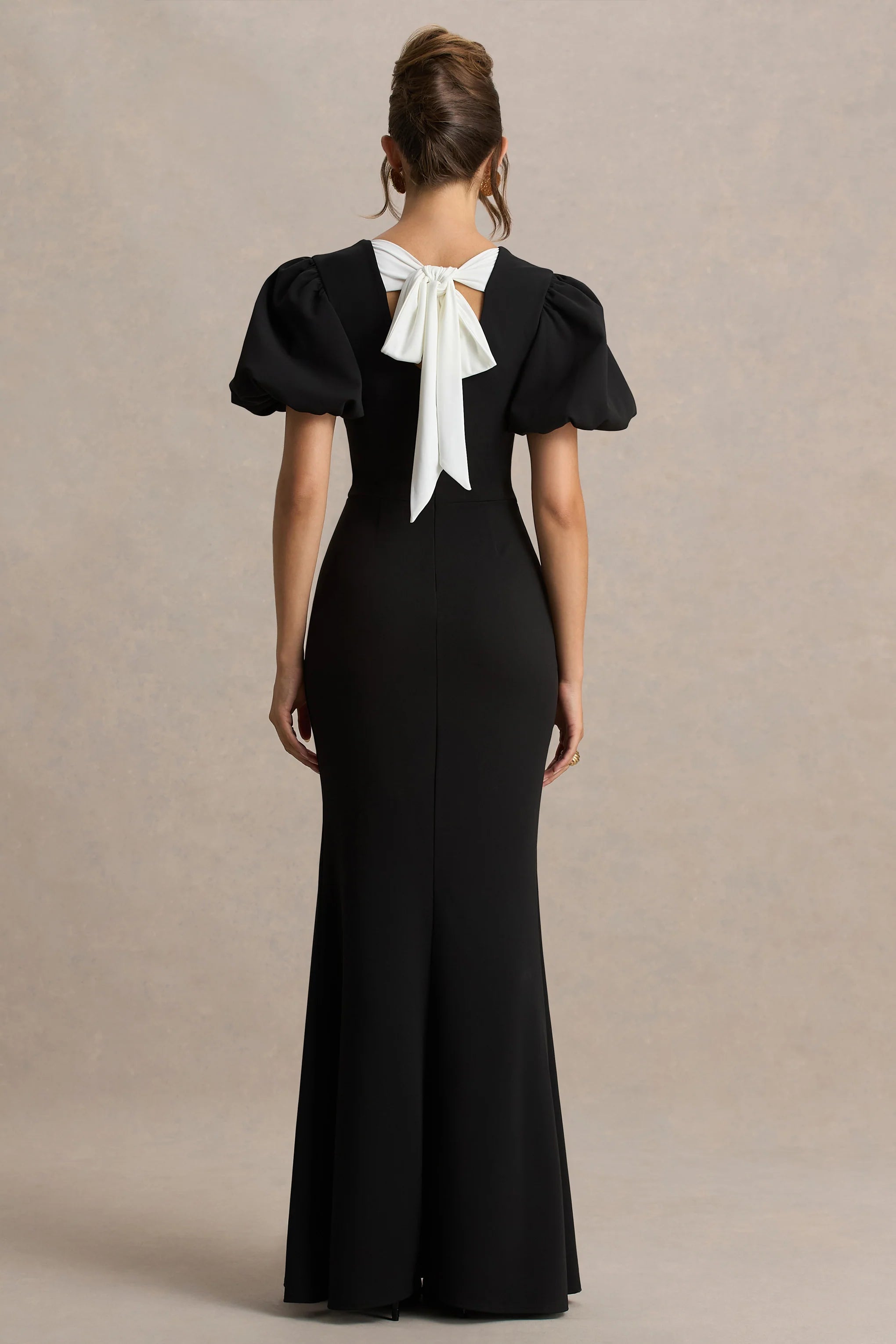 Carolina Black Puff Sleeve Maxi Dress With White Bow Detail