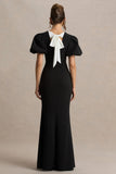 Carolina Black Puff Sleeve Maxi Dress With White Bow Detail