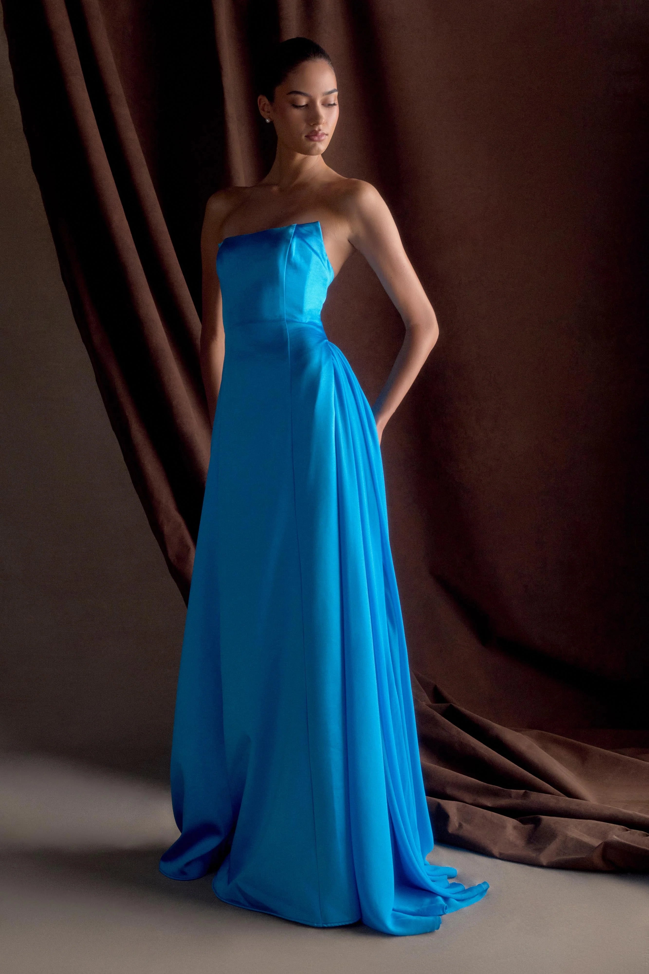 Rosella Satin Strapless Maxi Dress Cyan Blue