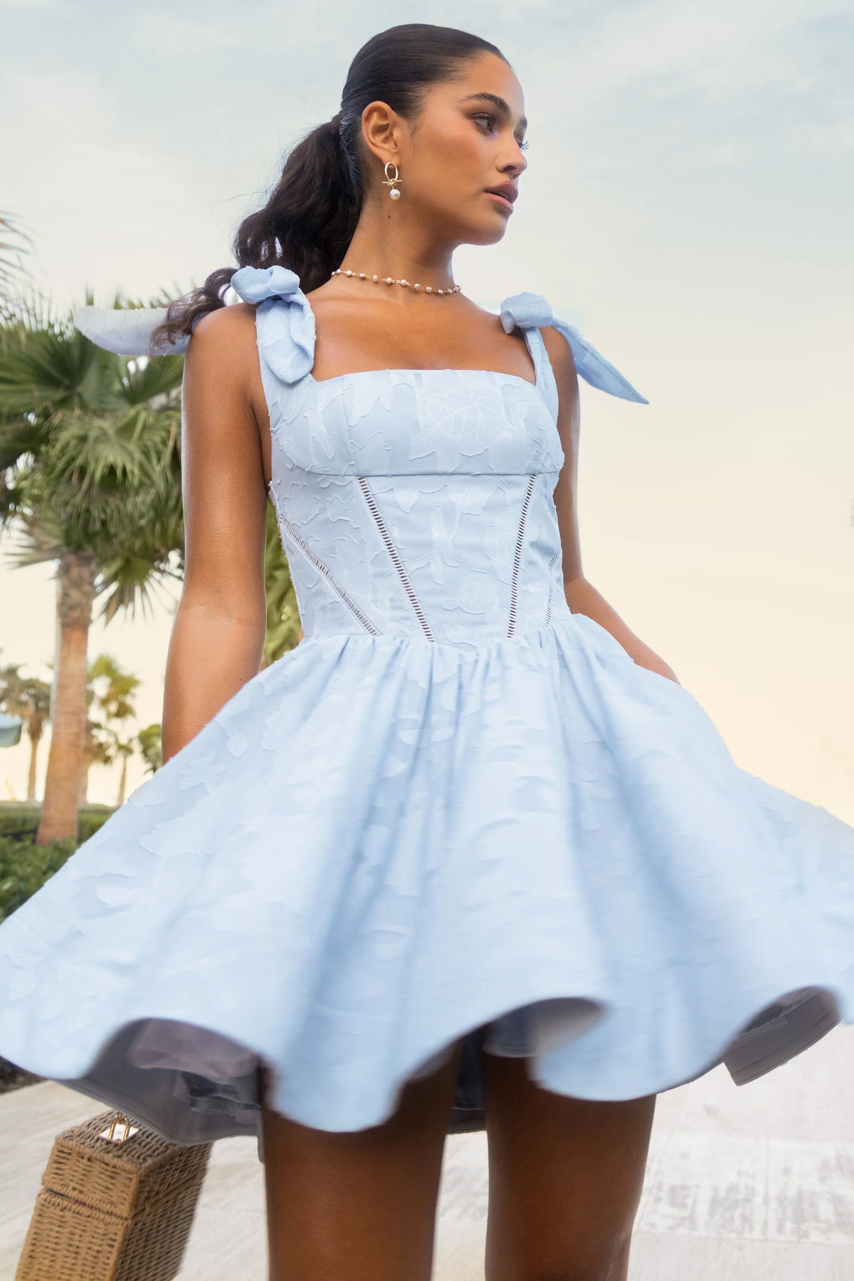 Bethani Light Blue Skater Mini Dress With Bow Straps