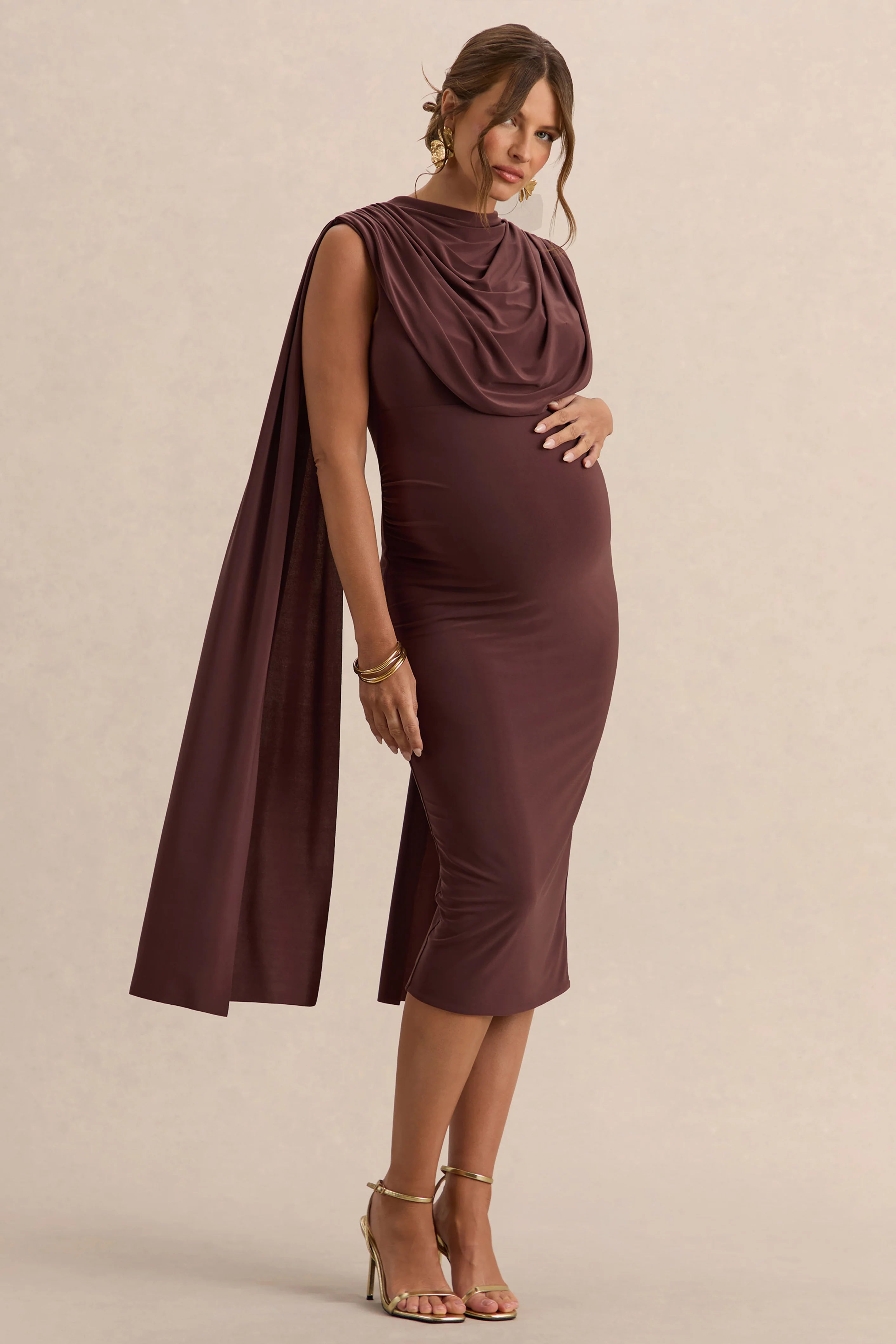 Milaine Dark Brown Round Neck Maternity Midi Dress With Cape Sleeves