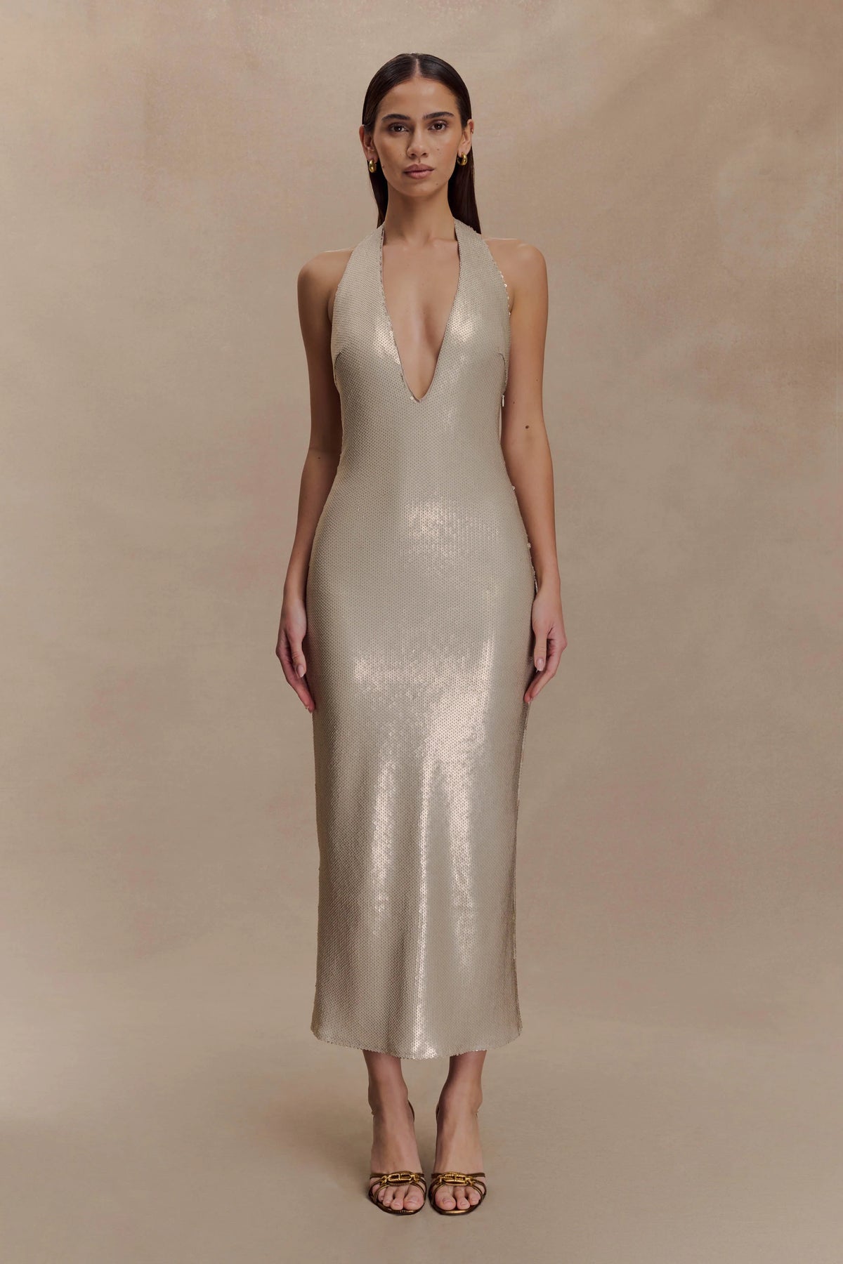 Carnation Sequin Halter Midi Dress Gold