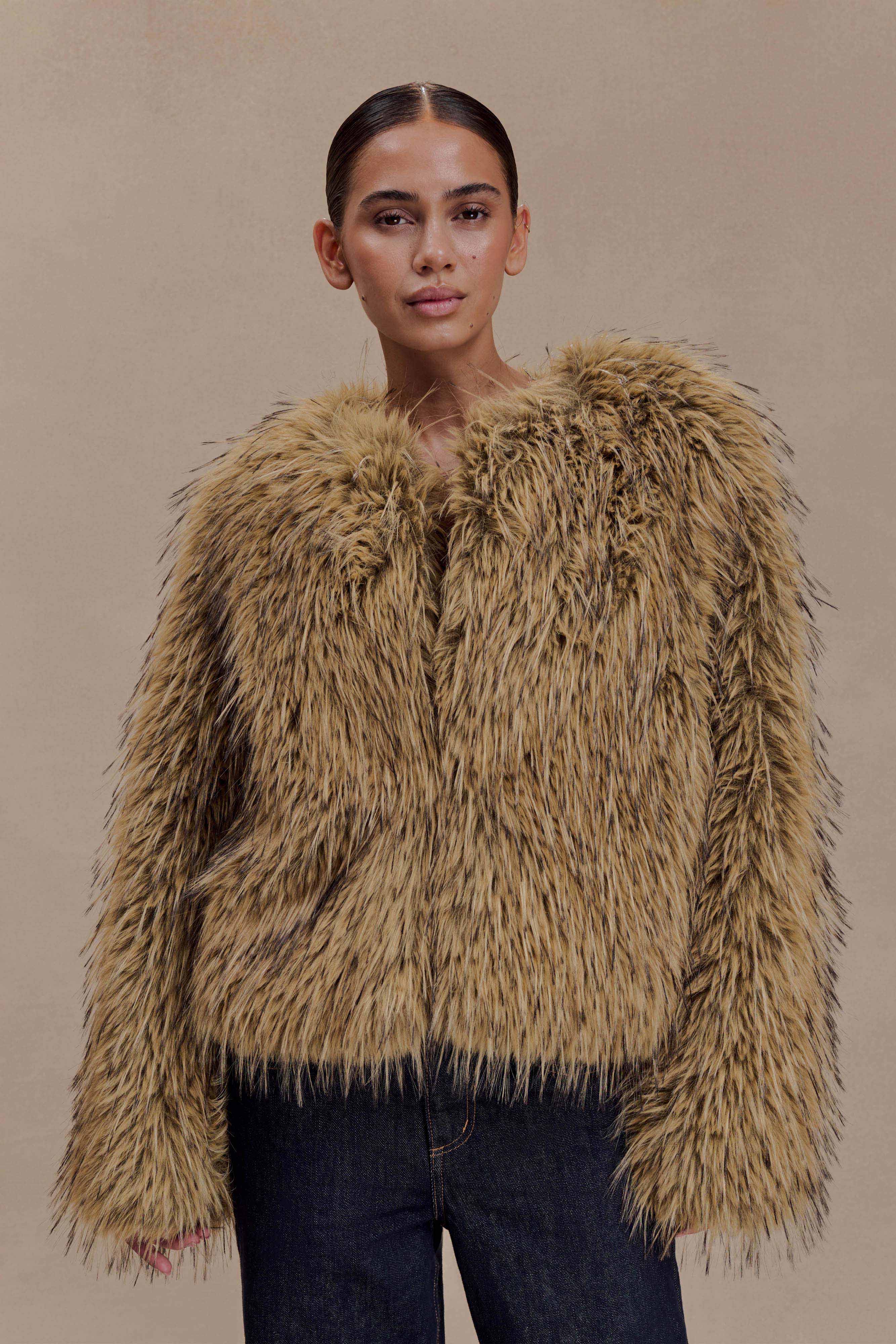 Ottie Mongolian Faux Fur Cropped Jacket Brown Multi
