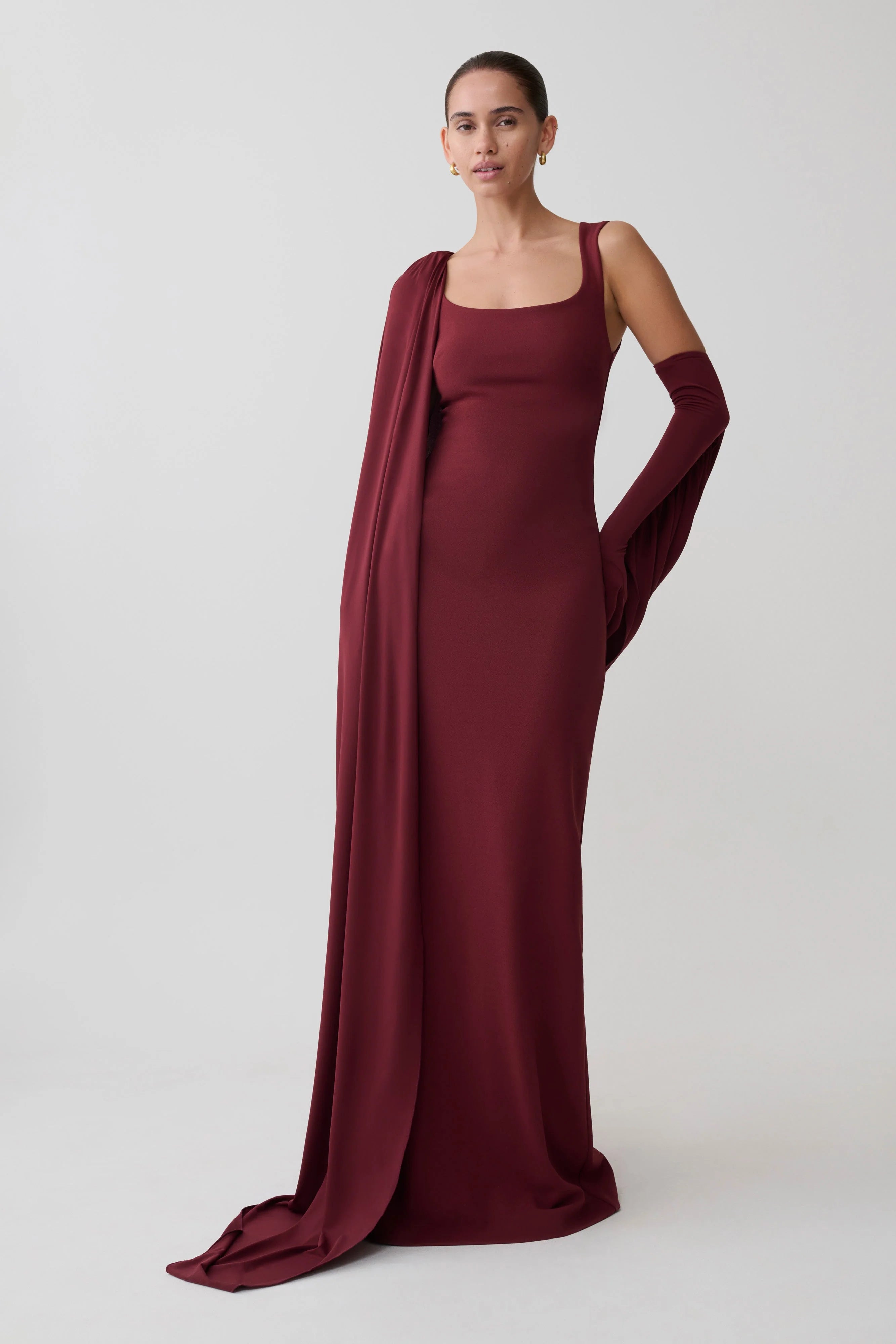 Rhea Detachable Cape Jersey Maxi Dress Wine