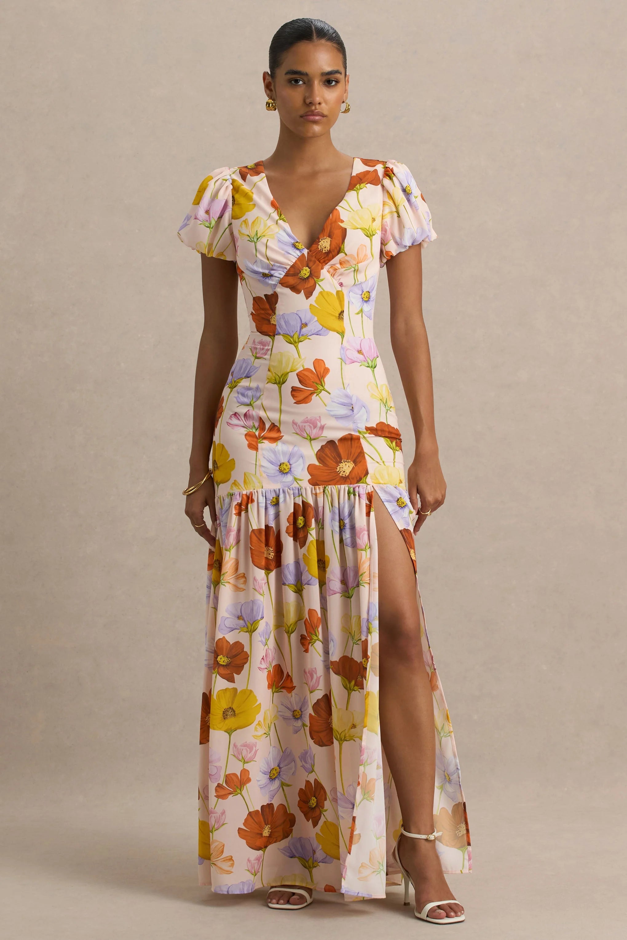 Ginny Bright Floral Print Puff Sleeve Split Maxi Dress