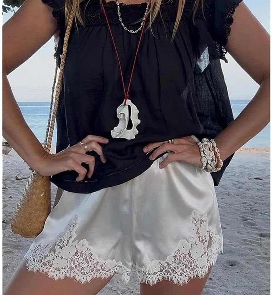 Women Satin Lace Shorts Silky Pajama Lounge Shorts Elastic Waist Chic Sleepwear Bottoms
