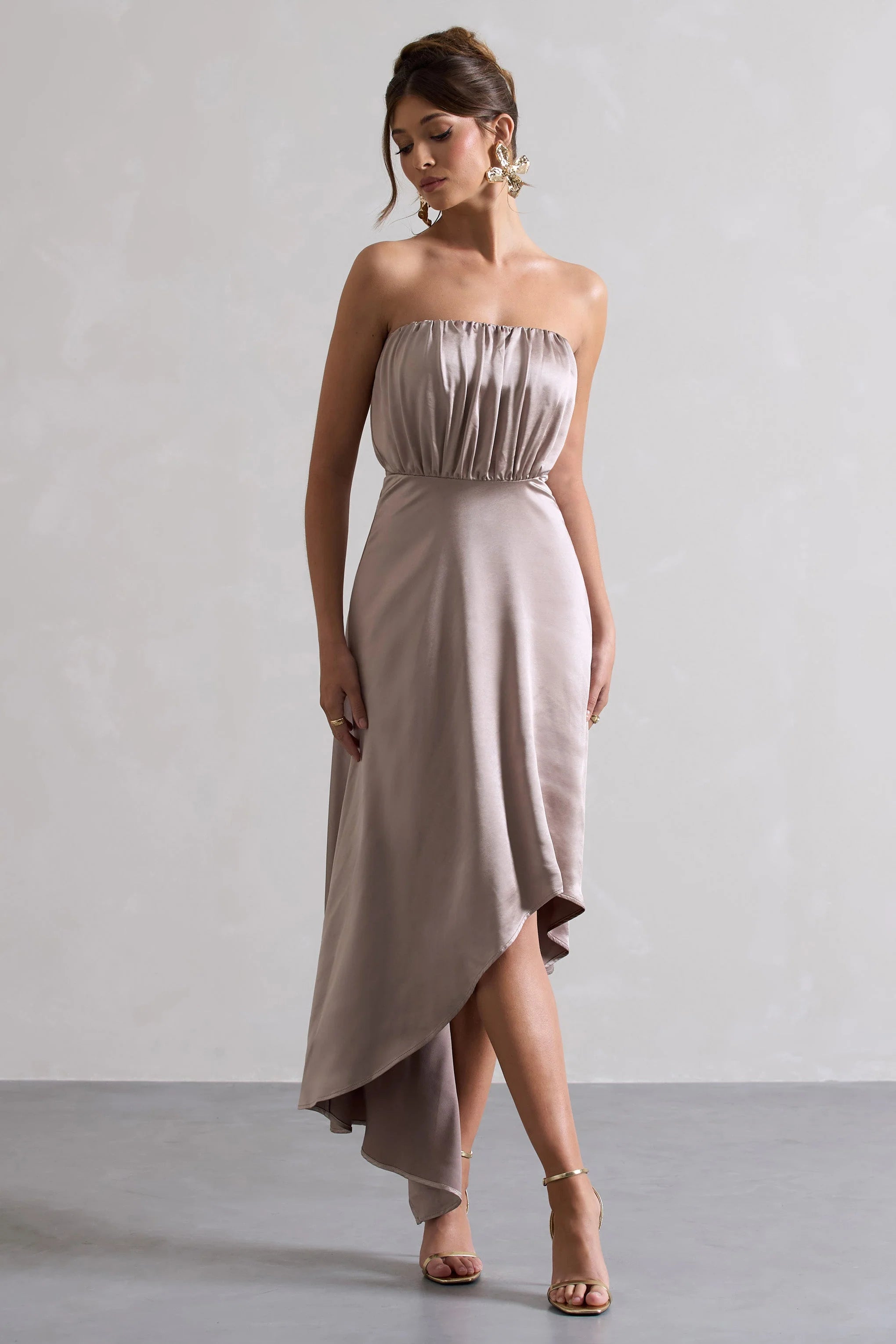 Willa Taupe Satin Bandeau Maxi Dress With Asymmetric Hem