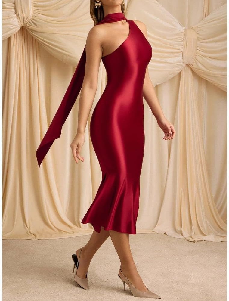 Women Formal Satin Dress One Shoulder Asymmetrical Scarf Mermaid Hem Midi Dress Cocktail Prom Gown