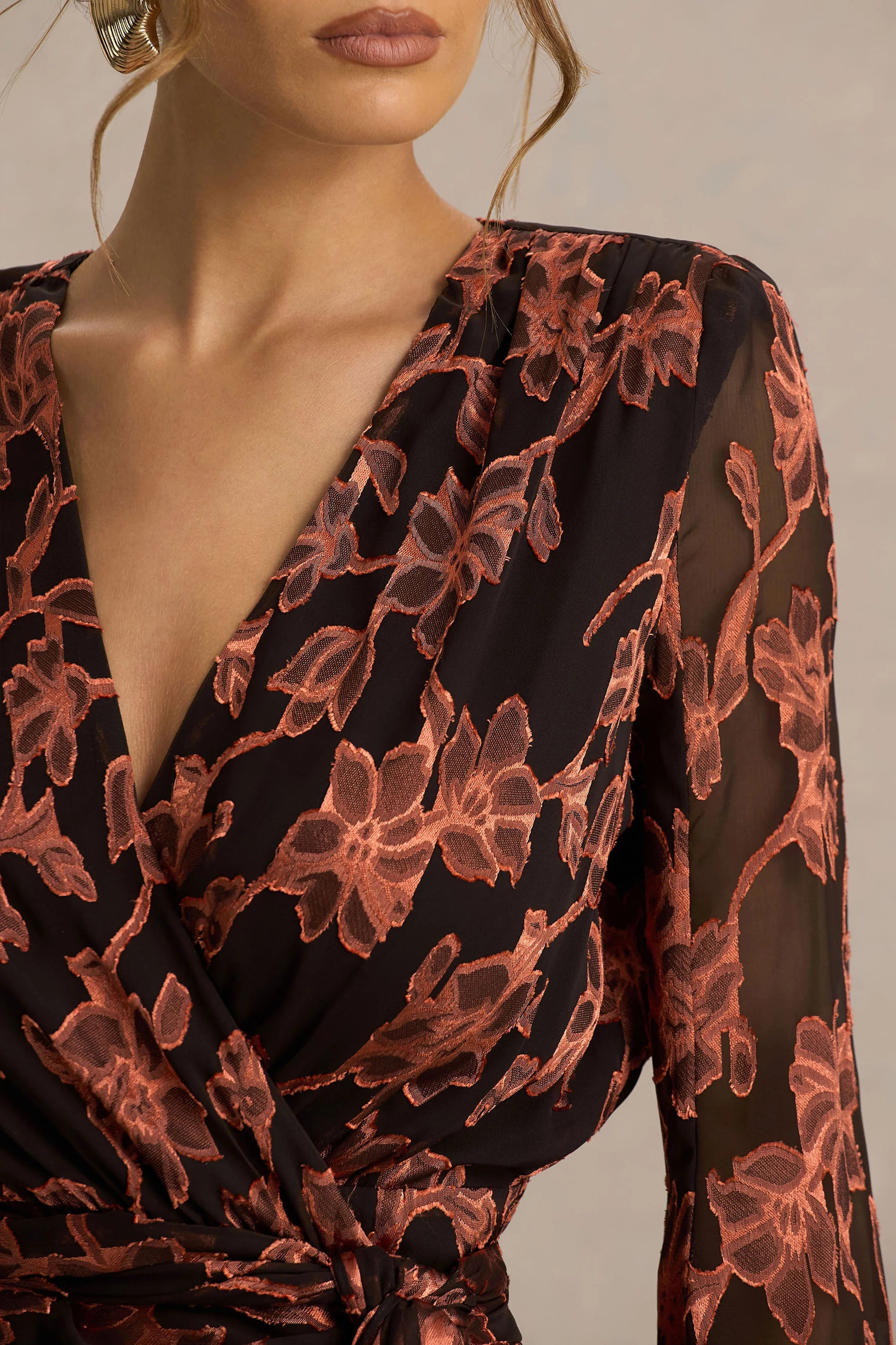 Lindsey Black And Rust Plunge Neck Wrap Mini Dress With Bell Sleeves And Sash Detail