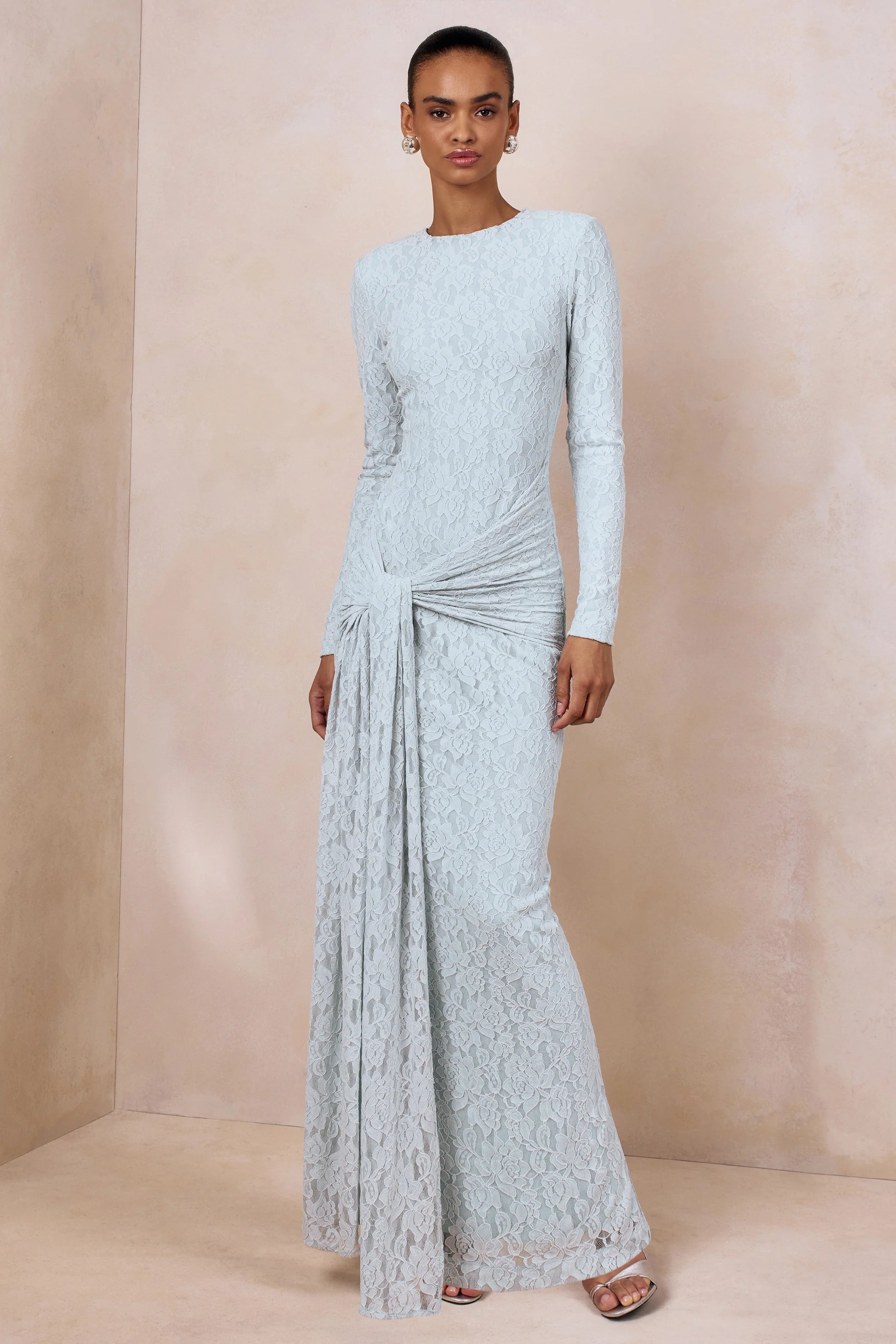 Evangela Powder Blue Lace Crew Neck Maxi Dress With Wrap Detail
