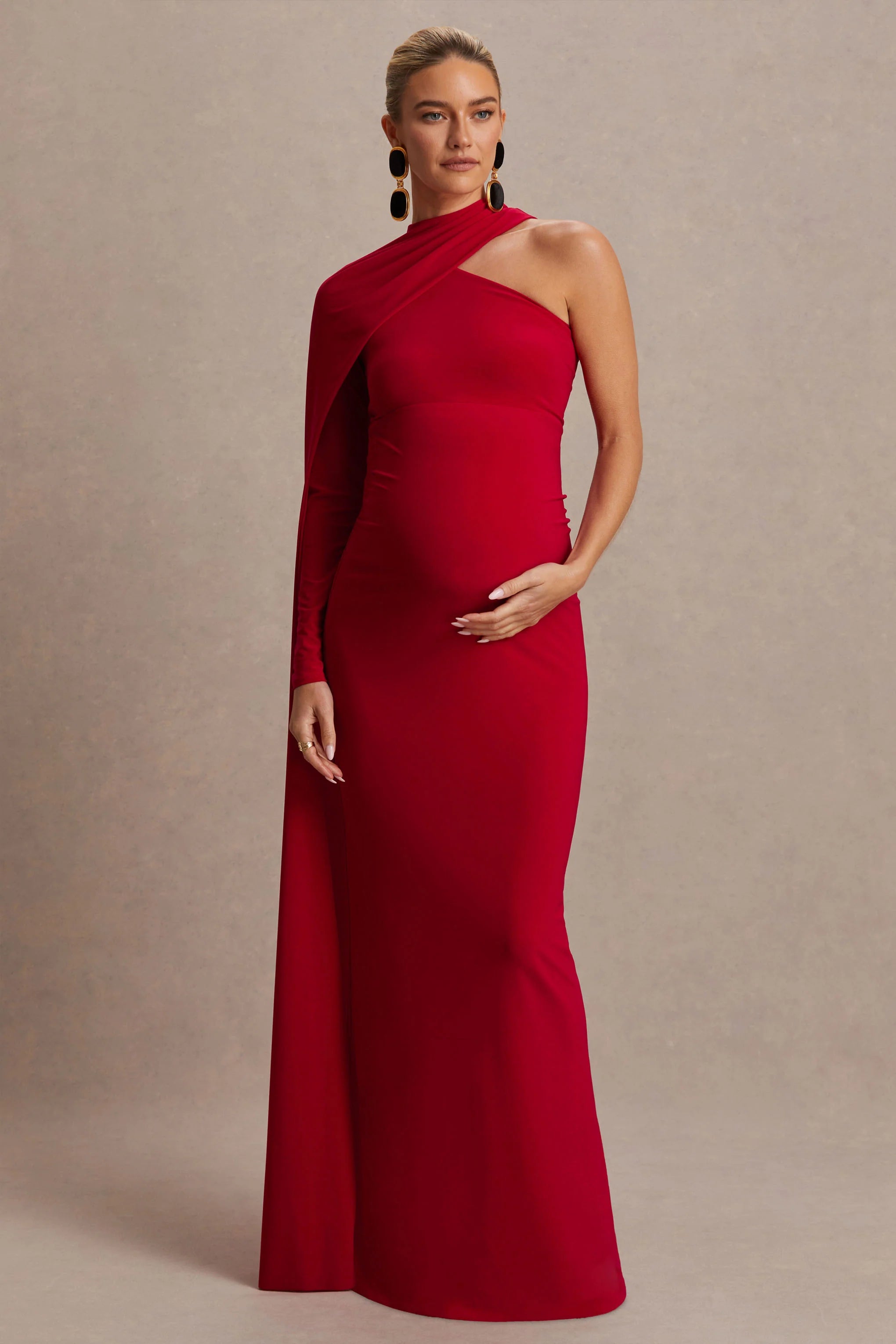 Tessy Red Asymmetric Neck Maternity Maxi Dress With Cape Sleeve
