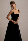 Francisca Black Velvet Strappy Volume Hem Midi Dress