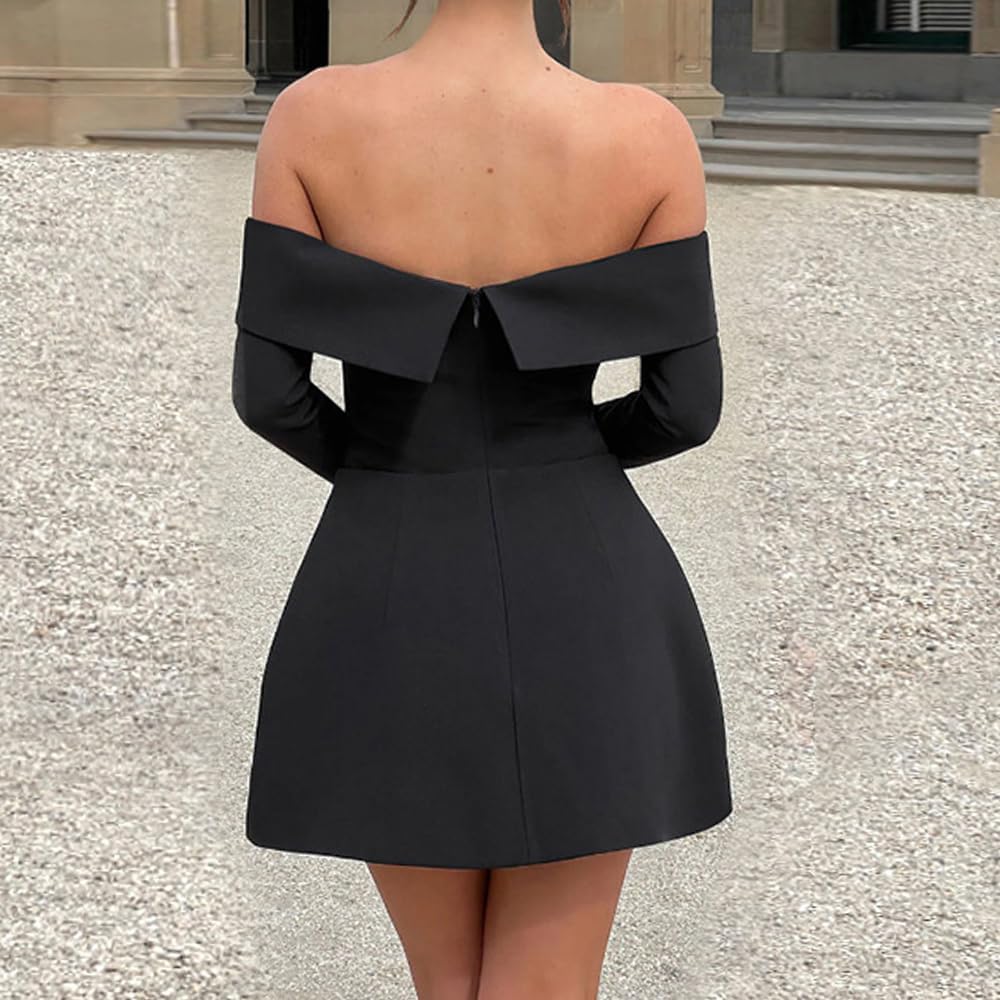 Women Sexy Mini Dress Off Shoulder Long Sleeve A Line Dress Short Formal Dresses Party Clubwear