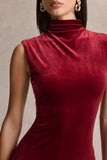 Nivina Red Velvet High Neck Midi Dress With Cap Sleeves