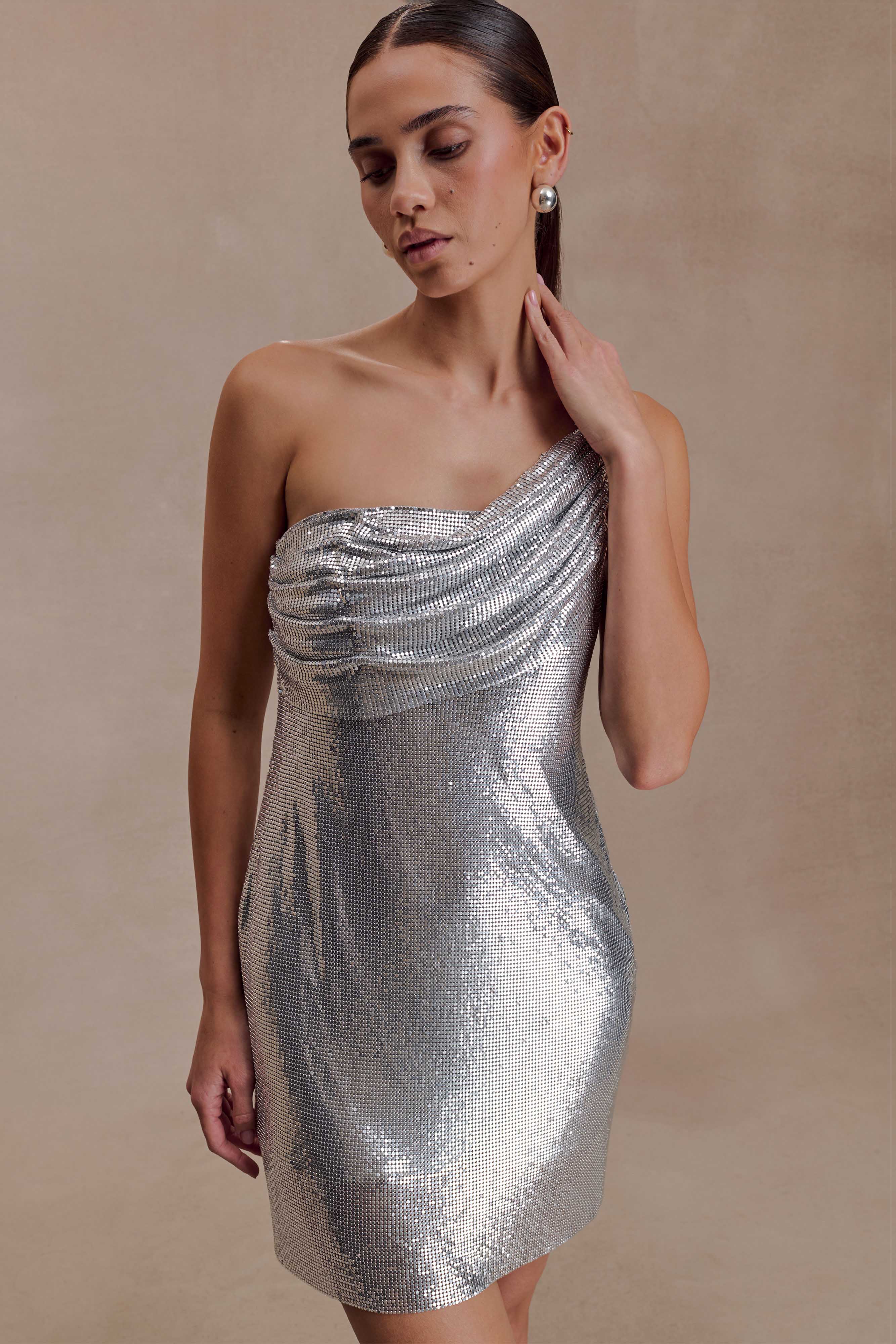 Lyle One Shoulder Glow Mesh Mini Dress Silver