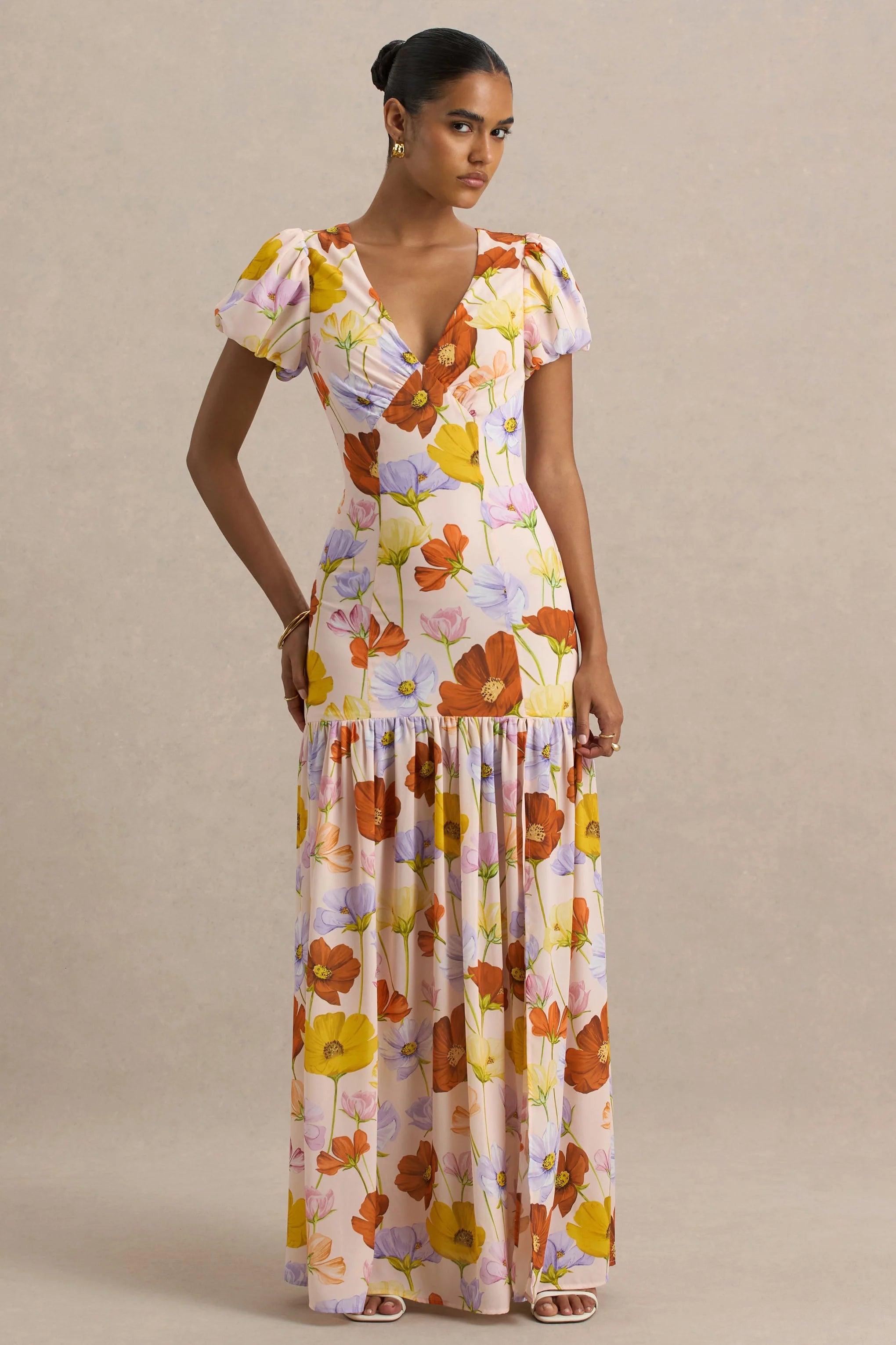 Ginny Bright Floral Print Puff Sleeve Split Maxi Dress