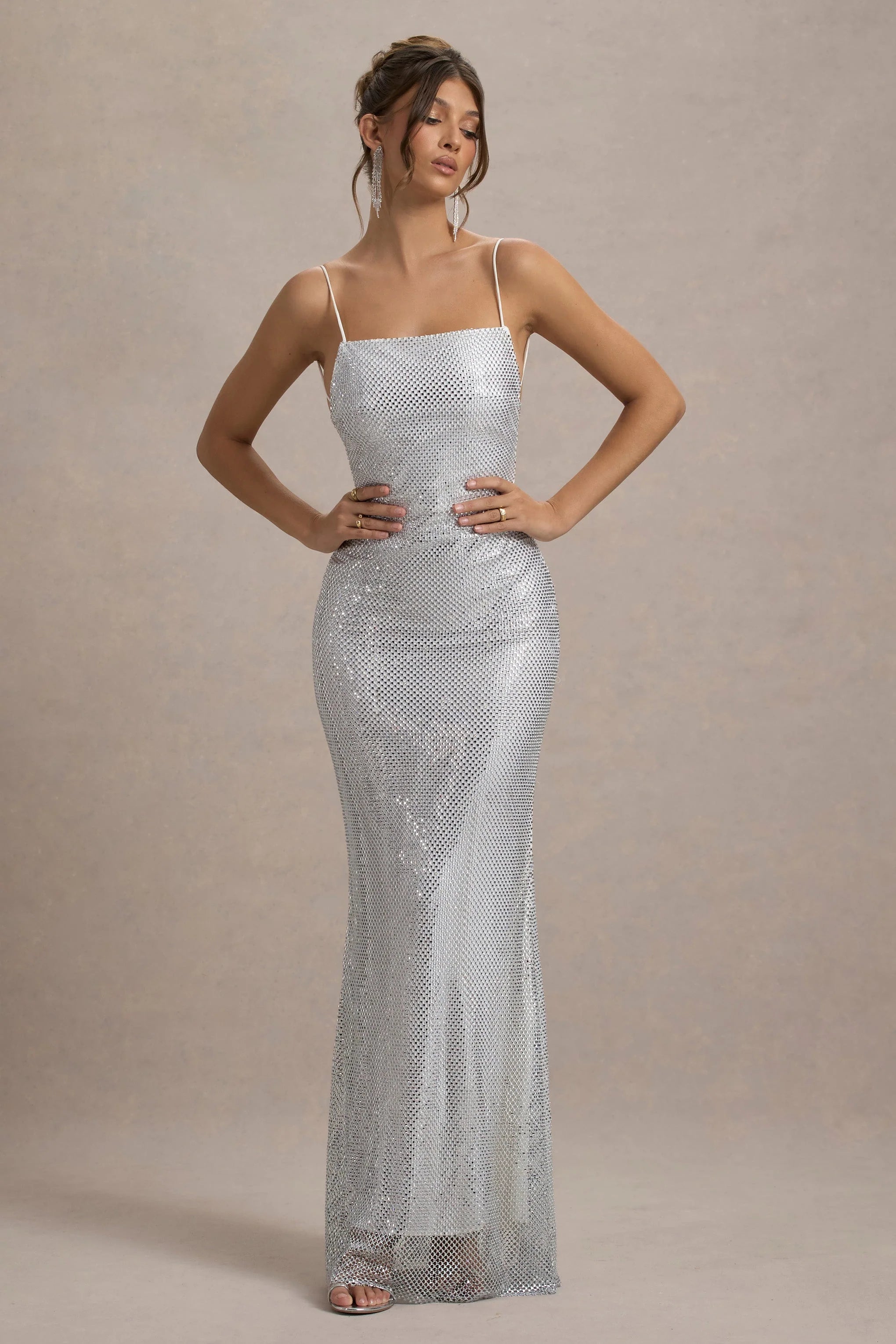 Quartz Silver Embellished Square Neck Open Back Maxi Dress