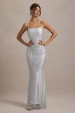 Quartz Silver Embellished Square Neck Open Back Maxi Dress