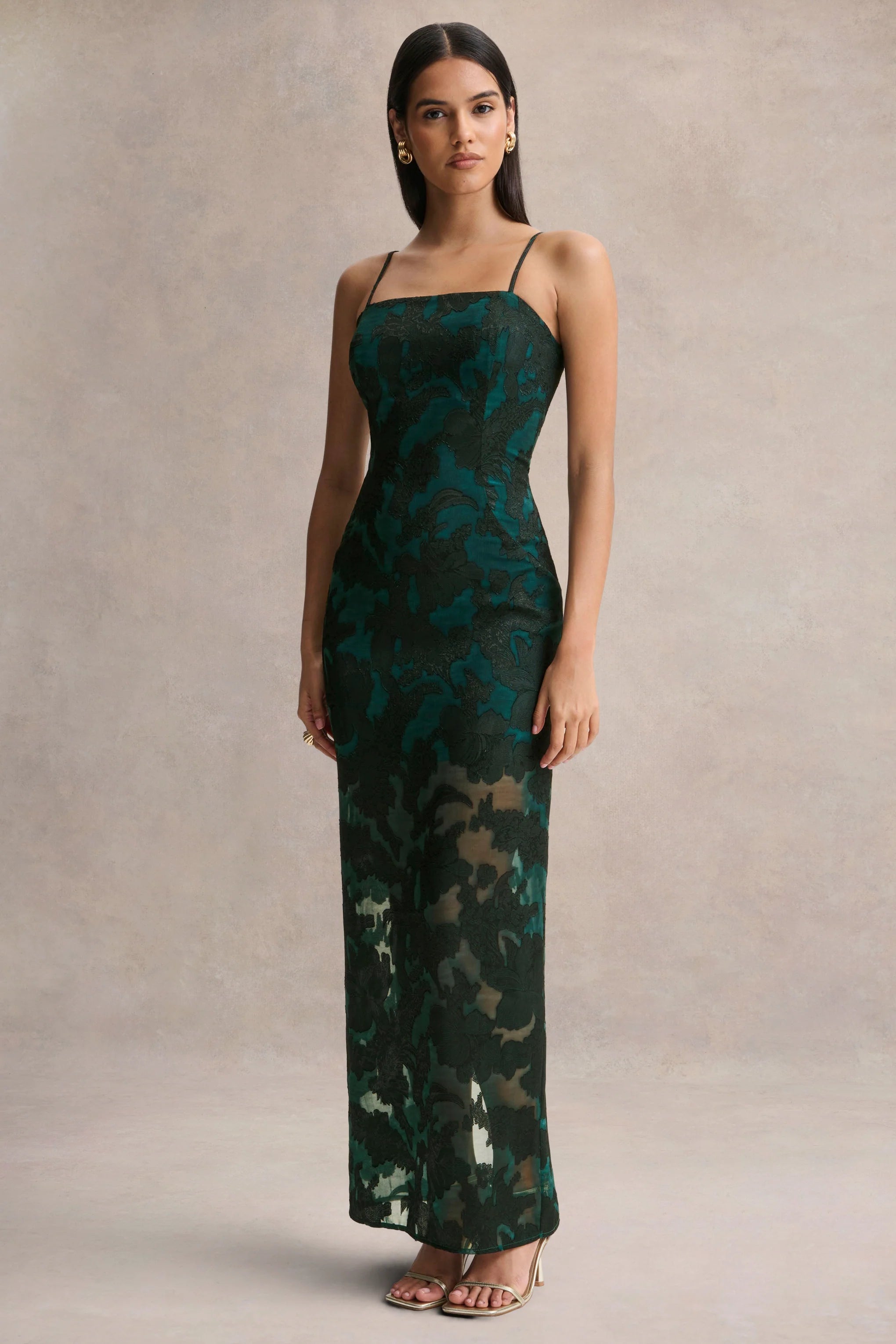 Hada Dark Green Satin Devore Square Neck Maxi Dress With Removable Twisted Cape