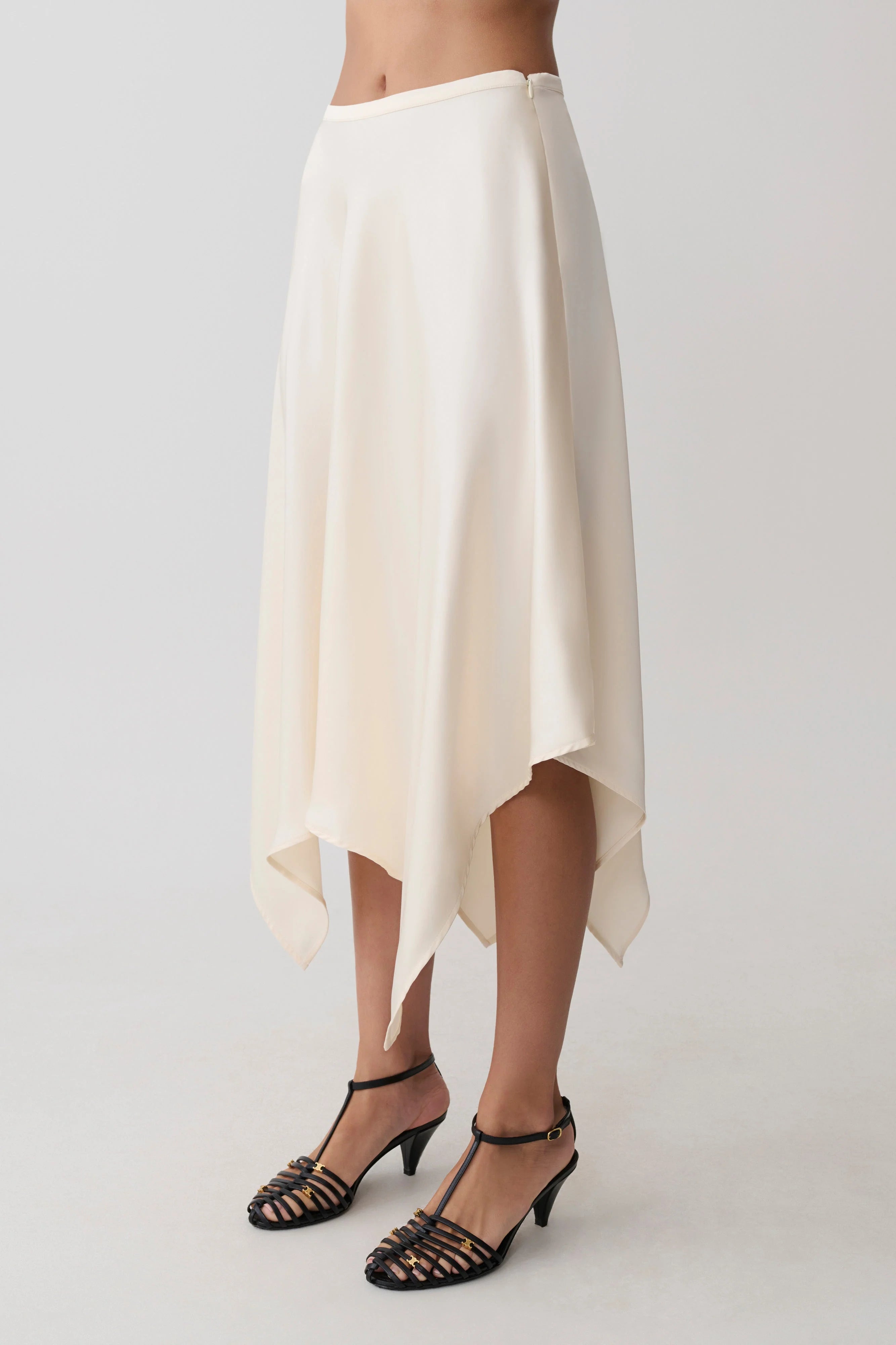 Coralie Asymmetric Satin Midi Skirt Ivory